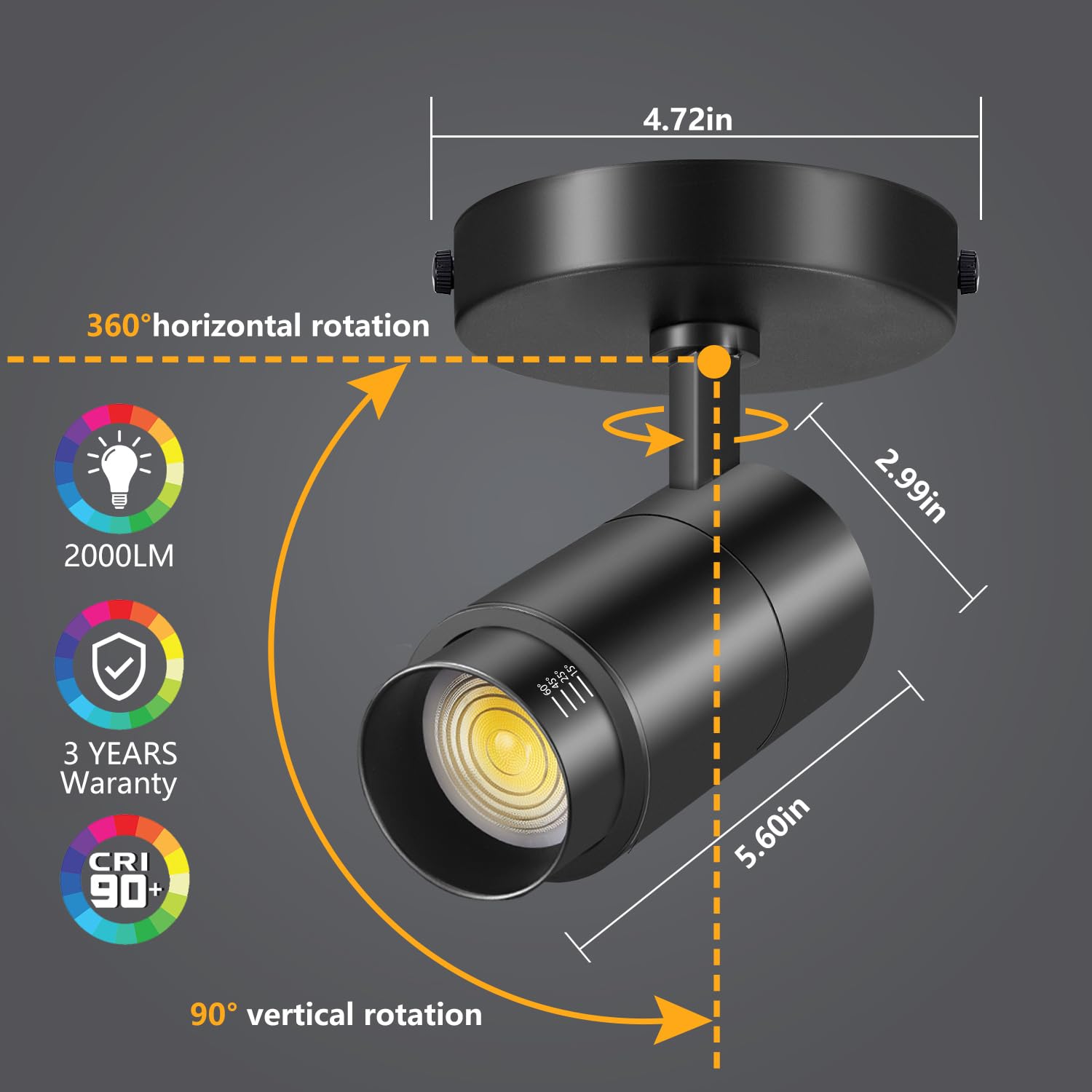 Vanoopee 3-Color Led Ceiling Spotlight, Dimmable Adjustable Accent Light, Black, 20W, 2000