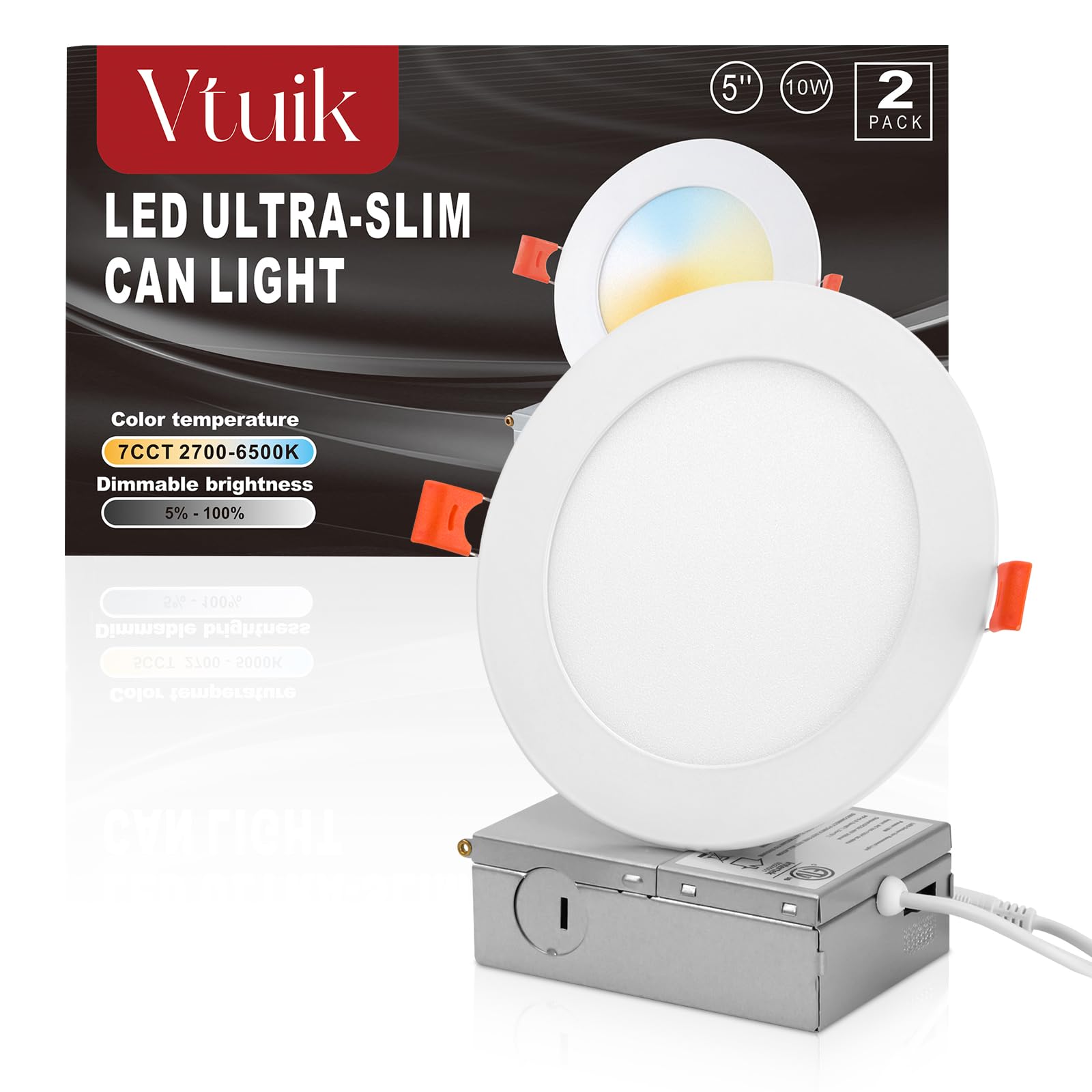 Vtuik 2 Pack 5 Inch 10W Led Can Light Retrofit With Junction Box, 850Lm/Cri85 Ultra Thin Led Recessed Lighting 7Cct 2700K-6500K With A Simple Switch Ic Rated, Etl Listed
