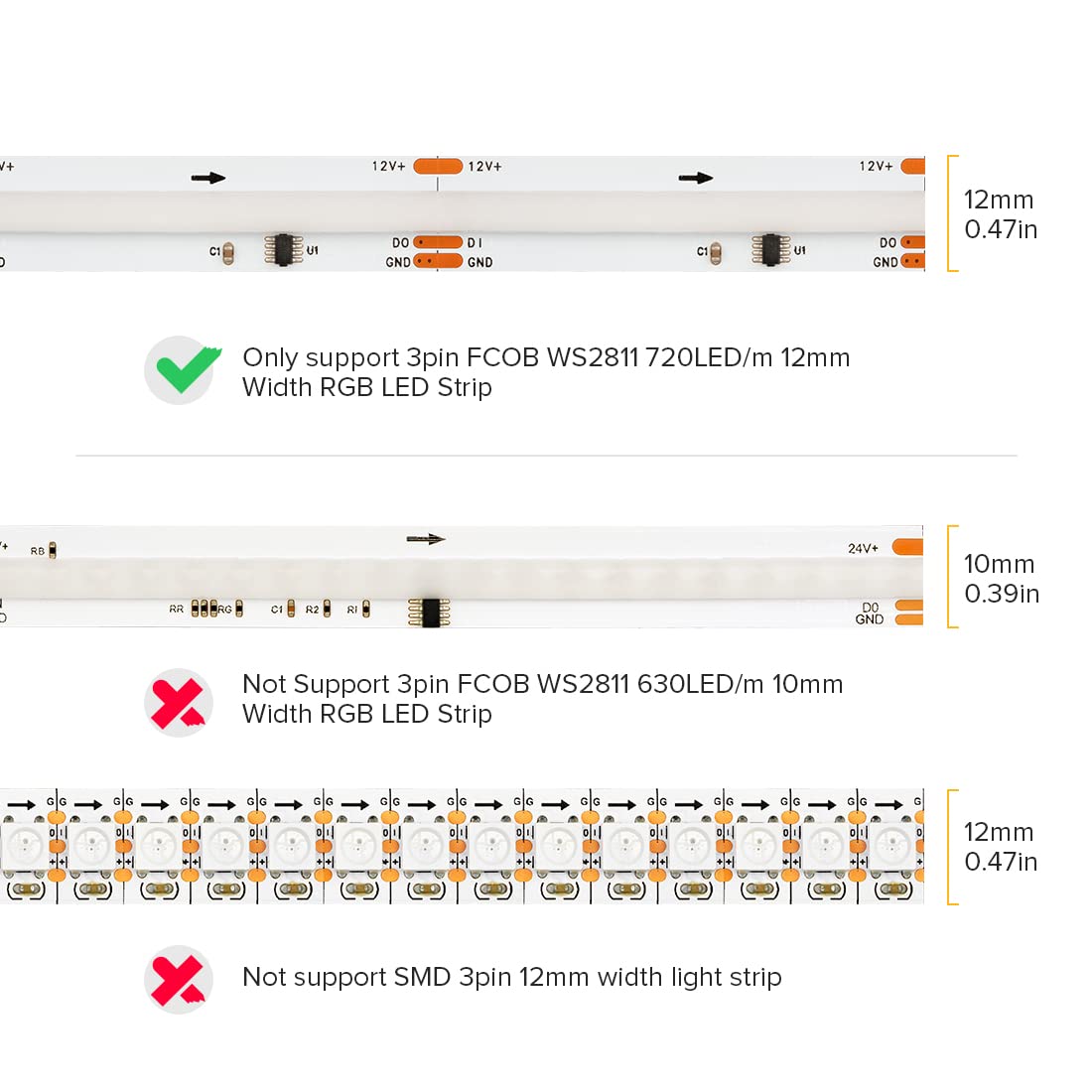 Btf-Lighting Cob 3Pin 12Mm Width Transparent Connector Kit 8 Pairs Of Wire To Strip,8Pcs Gapless Connectors Only Support Fcob Spi Ws2811 720Led/M Rgb (+ Di Gnd) 3 Wires Led Light