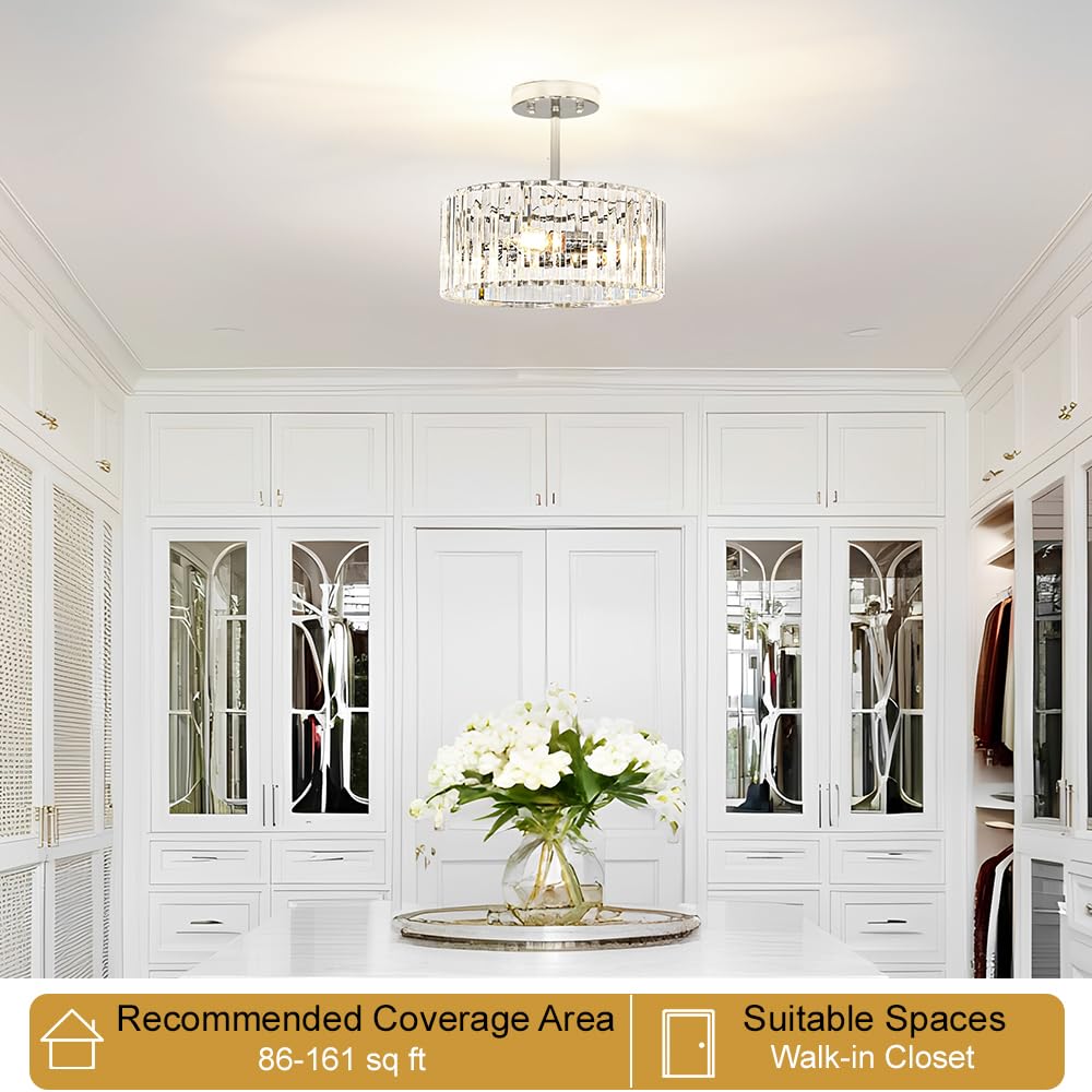 Lxybcce Modern Crystal Ceiling Light  Chrome Semi Flush Mount Ceiling Lighting Fixture  Hallway Light Fixtures Chandelier For Kitchen  Bedroom Dining Room Hallway Closet  3-Light  12 Inch
