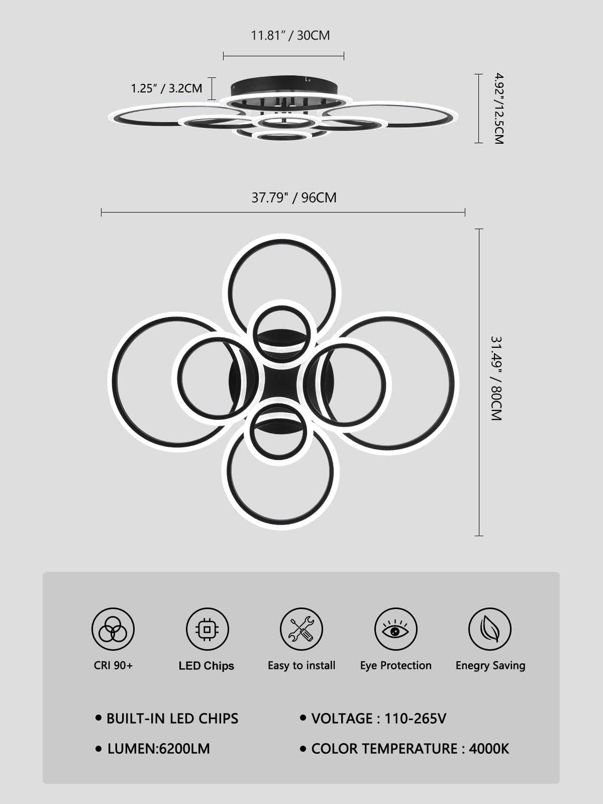 Teminbu Modern Led Ceiling Light, Black 8 Rings Flush Mount Ceiling Light, 4000K Lighting Fixture Ceiling Lamp For Kitchen, Bedr