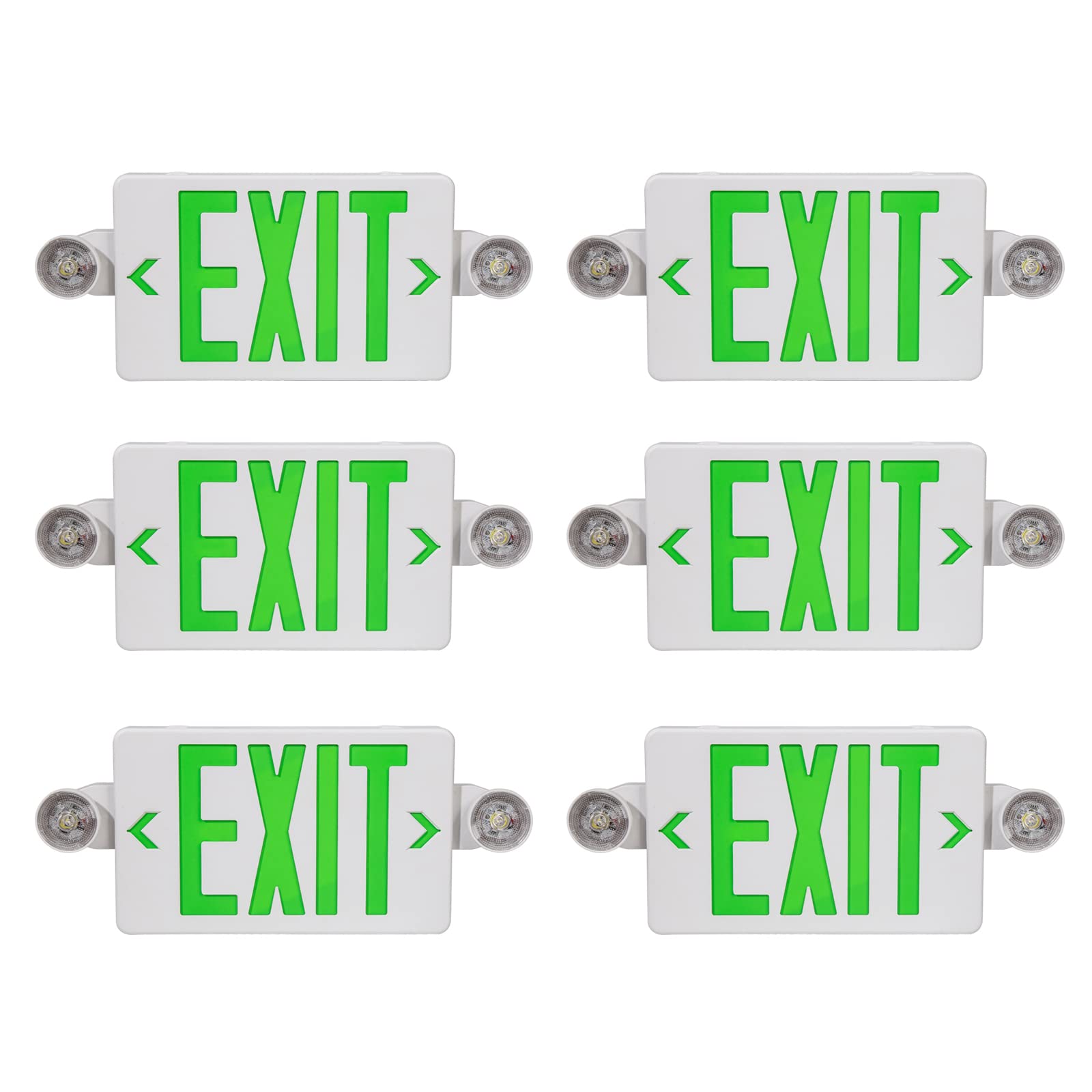 TANLUX Green Exit Sign with Emergency Lights, LED, Battery Backup, UL Listed, 6 Pack, White Housing + Green Letter, Model TL-EX01GE-6