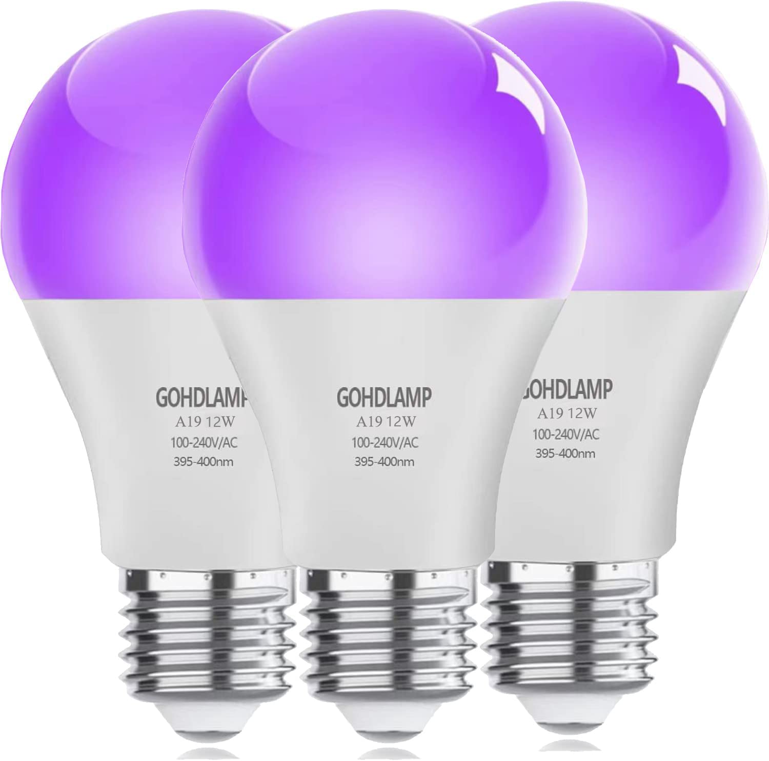 Gohdlamp Led Black Light Bulbs A19-12W For Halloween Decor & Glow-In-The-Dark Fun - Uva 395-400Nm - 3 Pack