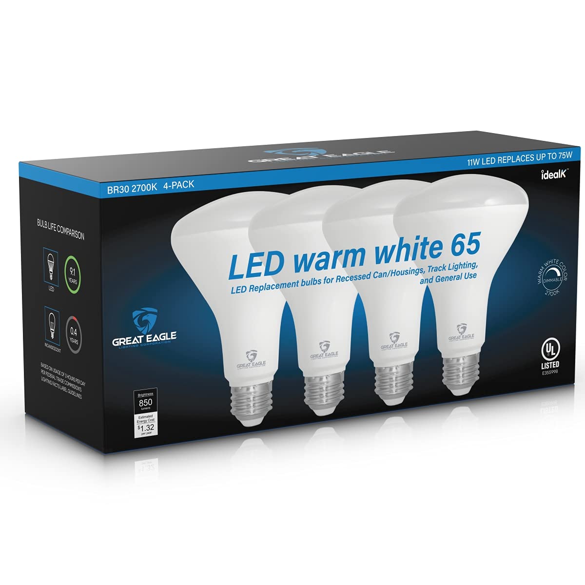 Great Eagle BR30 LED Bulb, 11W (75W Equivalent), 850 Lumens, Dimmable, 2700K Warm White, 4 Count Pack, UL Listed