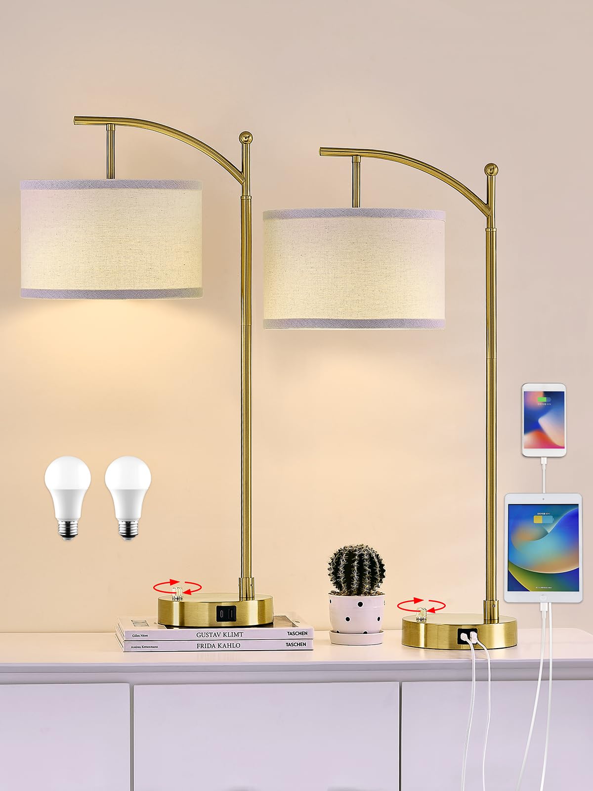Hikczc Table Lamp Set of 2, 23.5in Gold with USB C+A Ports, Dimmable LED Bulbs Included, Iron Material, Model 2T-8101