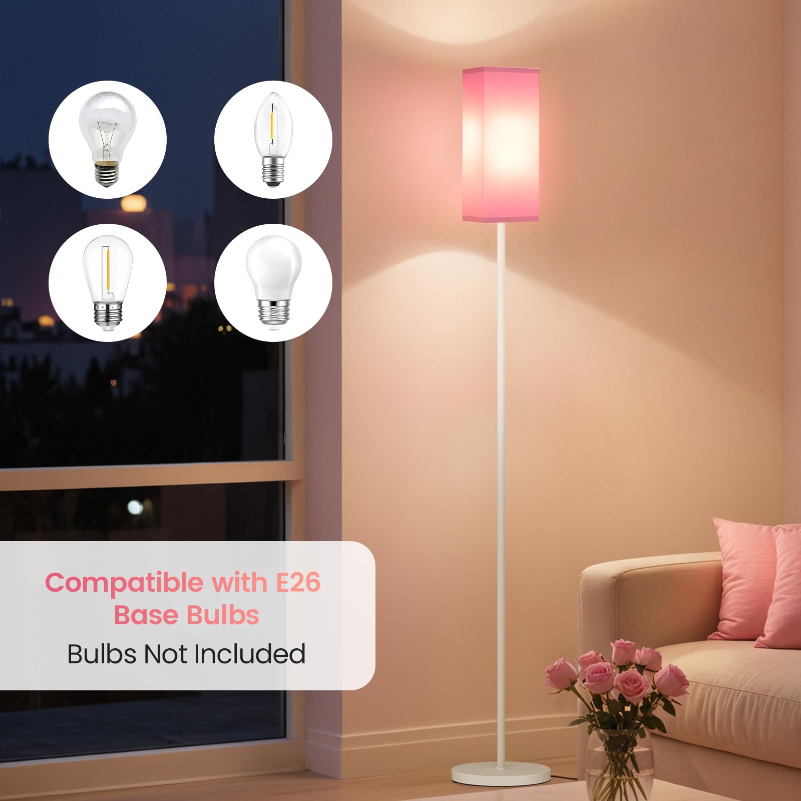 GOEBLESON 64.6" Modern Floor Lamp, Pink & White Linen Shade, Pole Lamp with Foot Switch, Model WP07LD05, ETL Listed for Living Room & Bedroom