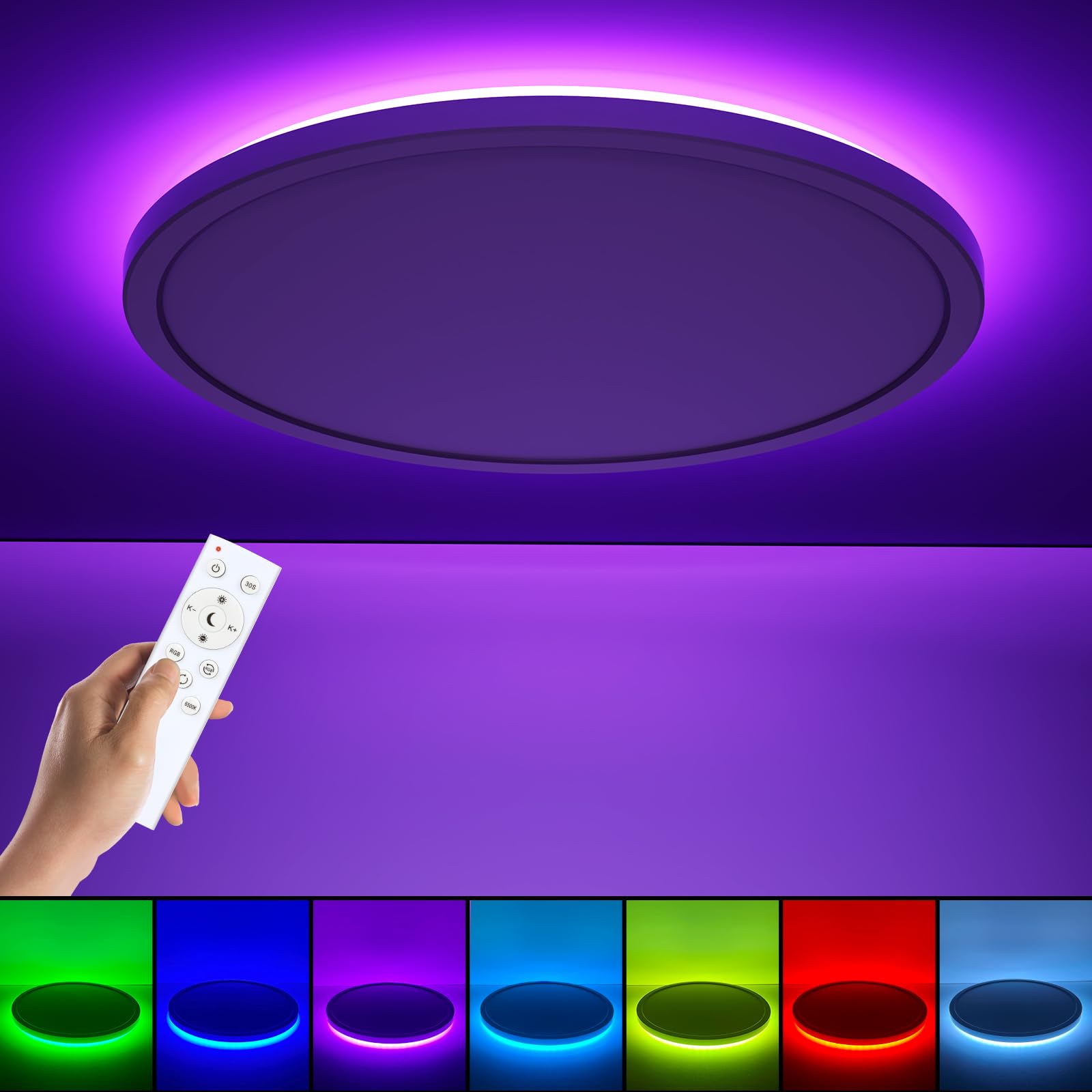 Annaror RGB LED Flush Mount Ceiling Light with Remote, 12 Inch Color Changing Light Fixture Dimmable 3000K-6500K, 24W Thin Round