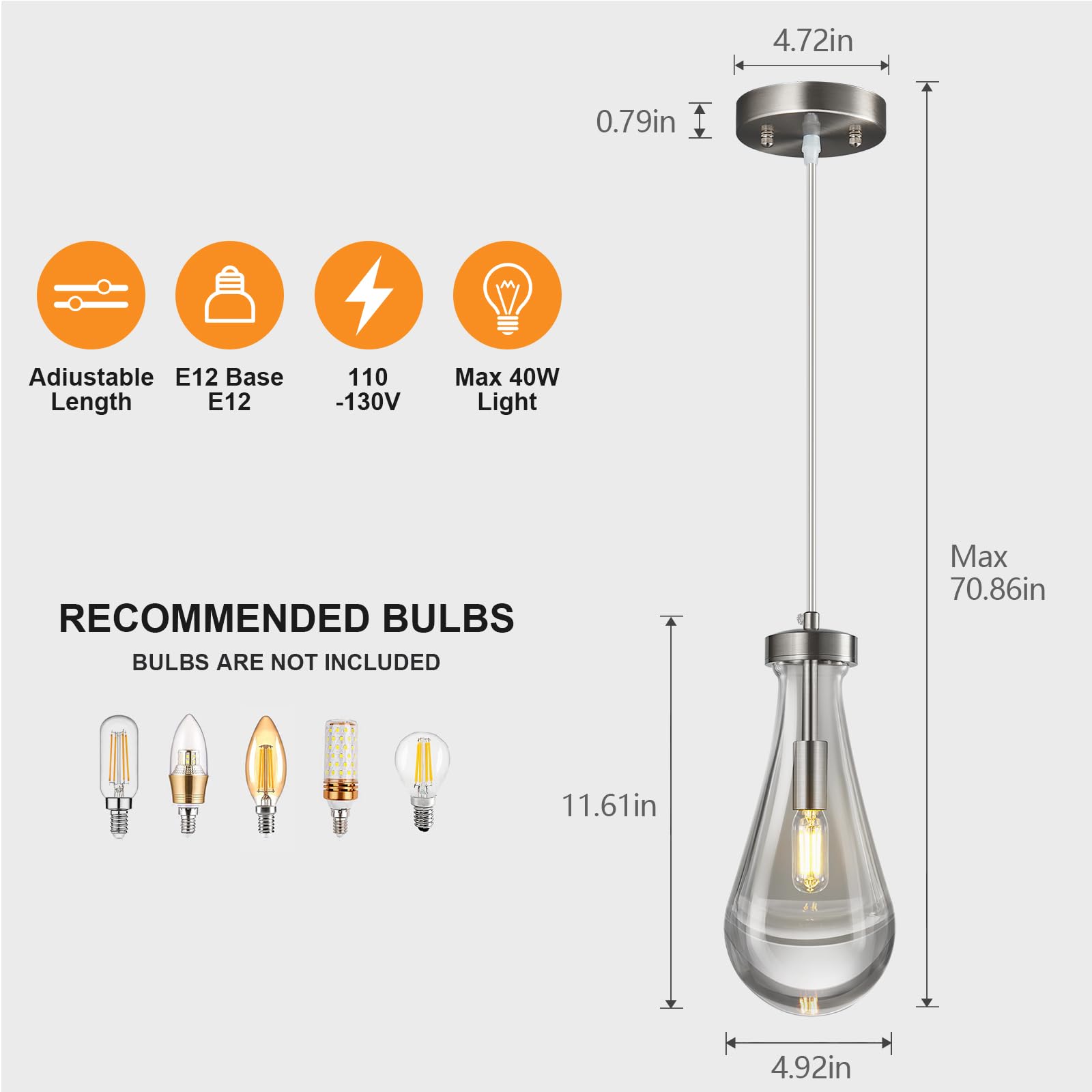 Liangmh Raindrop Pendant Lights Kitchen Island Teardrop Nickel Hanging Light Fixtures Clear Solid Glass Pendant Light Modern Cha