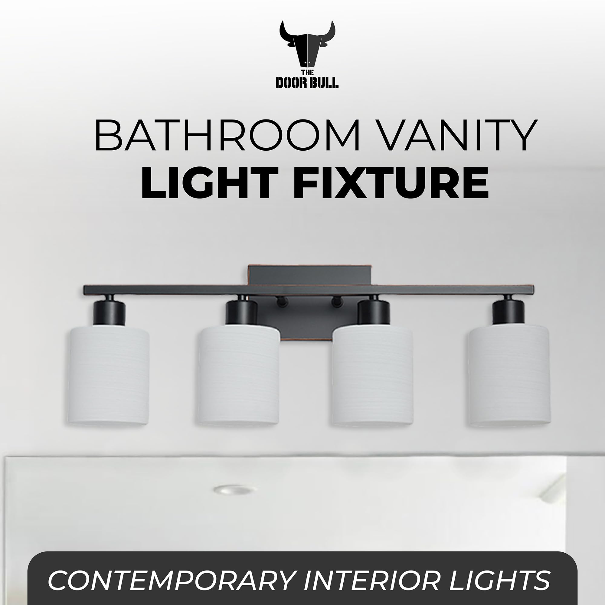 The Door Bull Modern Bathroom Vanity Light, 4 Lights, Oil-Rubbed Bronze, Stainless Steel, Model VNT-1000, Milky White Glass Shades