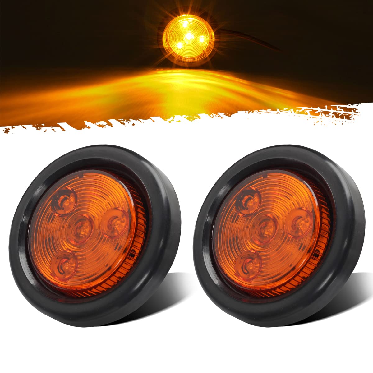 Partsam 2Pcs [Dot Approved] 2'' Round Amber 4 Led Clearance Marker Light For Utility Trailer Truck,W/Plug & Grommet