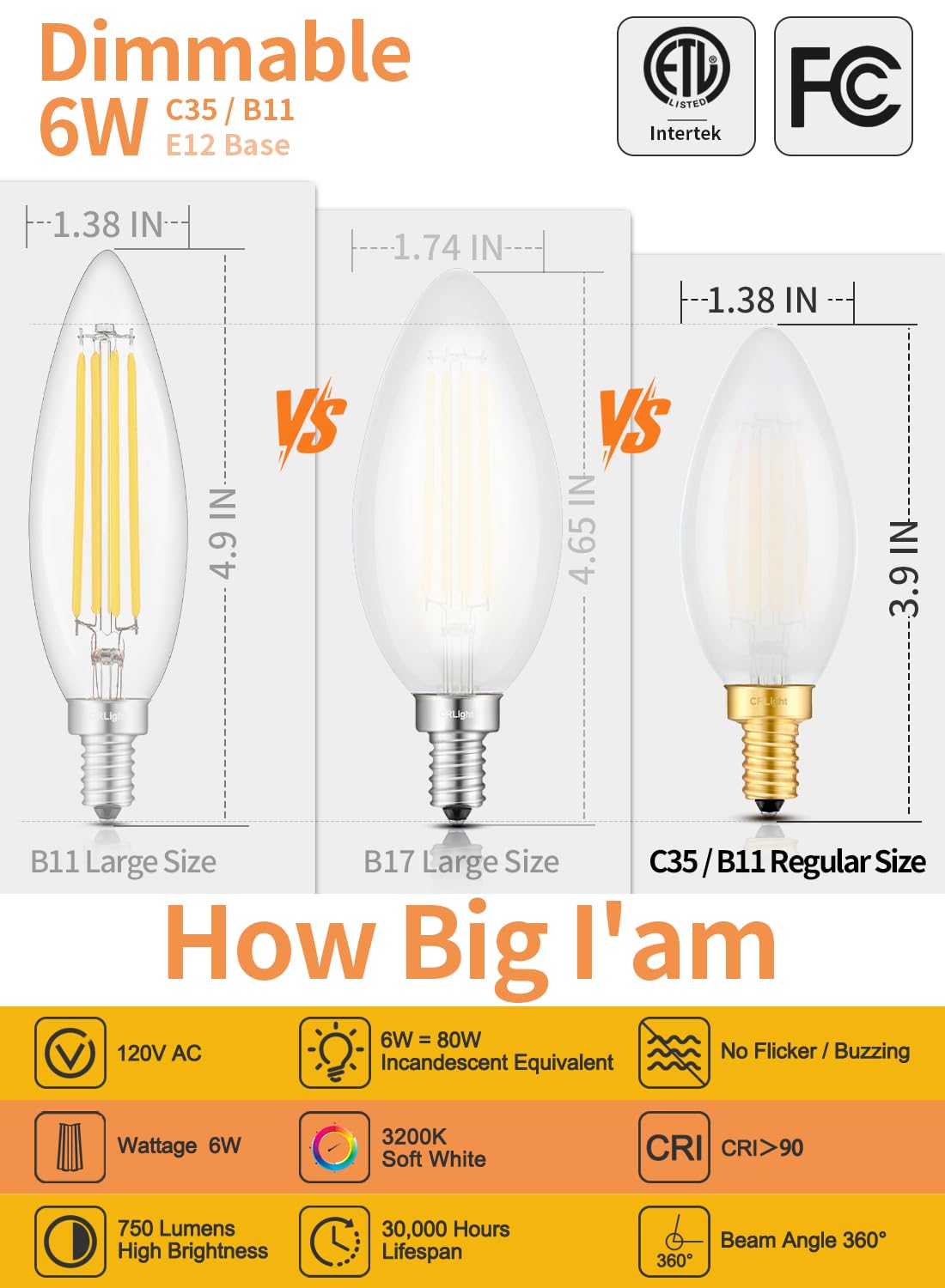 CRLight 6W Dimmable LED Candelabra Bulb, E12 Base, 600LM, Frosted Glass, 3200K Soft White, Pack of 8