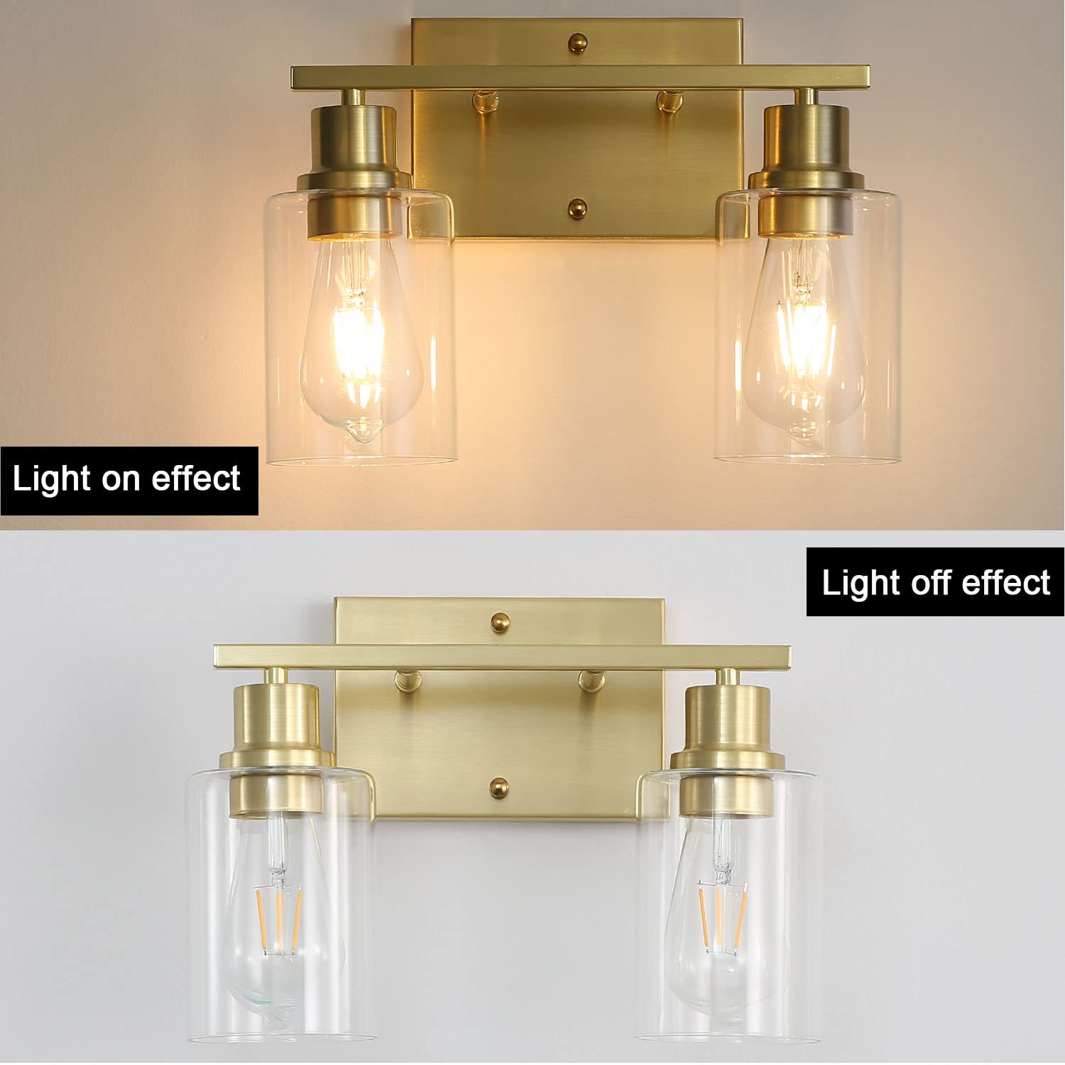 Filimitiy 2-Lights Gold Bathroom Light Fixture, Brushed Brass Vanity Light With Clear Glass Shade, Modern Bath Wall Lights For L