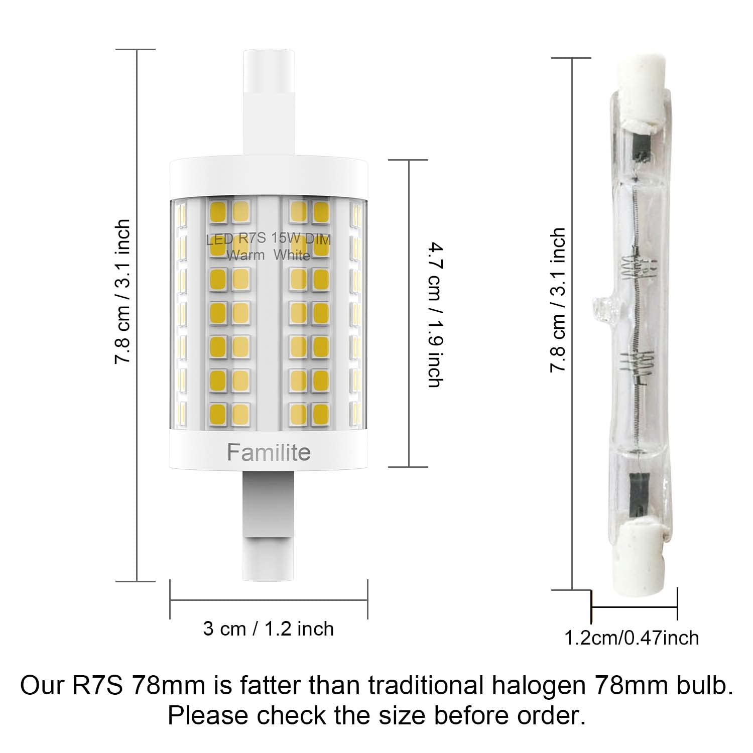 Familite R7S Led Bulb 78Mm, 15W Dimmable J78 Flood Light, 150W Halogen T3 Replacement For Torchiere Wall Sconce Work Light Banke