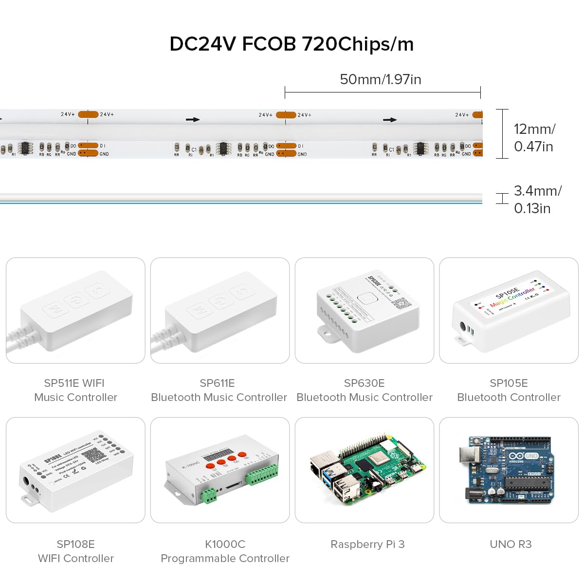 BTF-LIGHTING RGB COB LED Strip 16.4FT 720LED/m DC24V White PCB Model HK-FCOBRGBIC720-12MM-NW-24