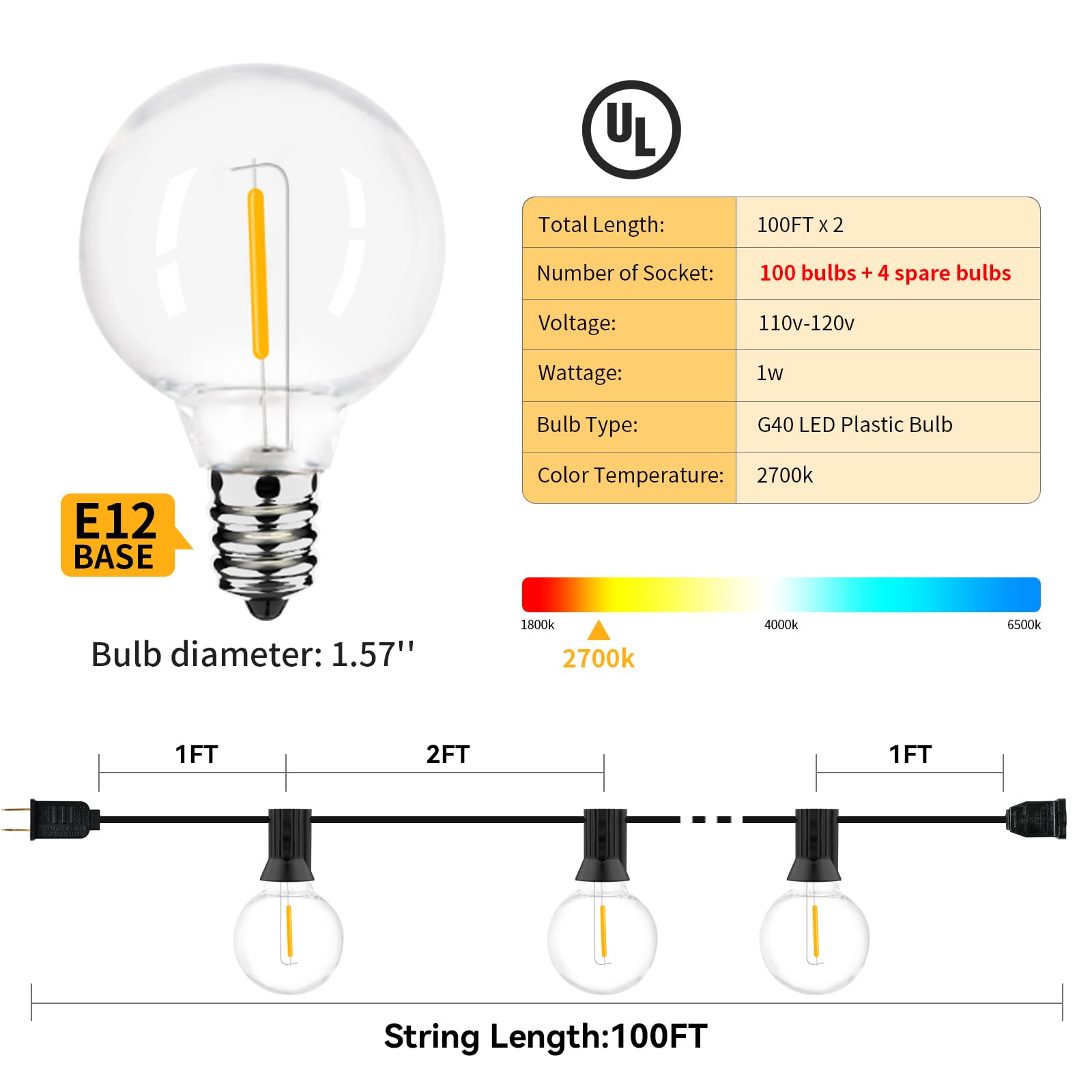 200Ft 2-Pack Outdoor String Lights,Dimmable G40 Led String Lights With 104 Shatterproof Clear Bulbs Ul Approval Waterproof Globe