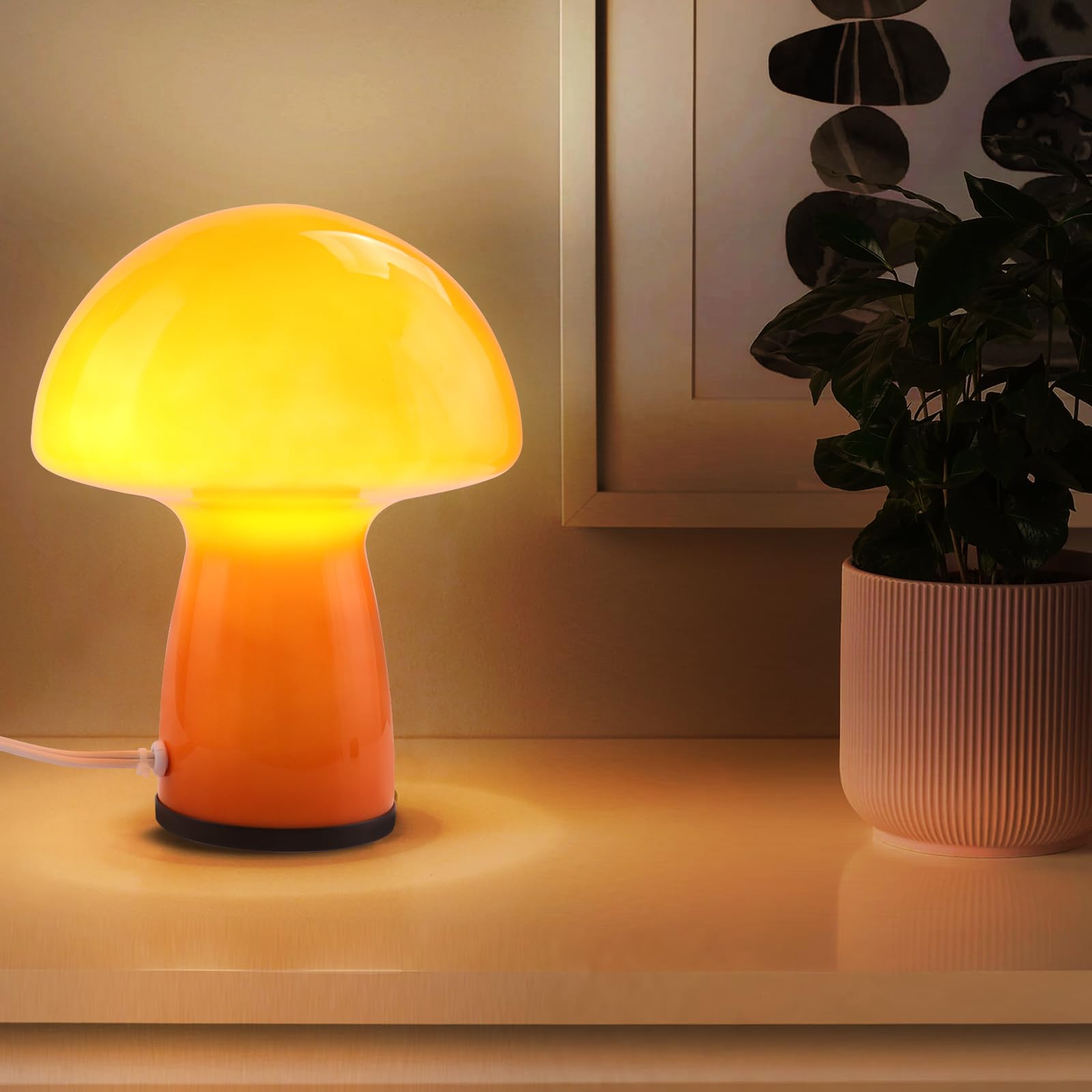 Notoc Flame Red Glass Mushroom Lamp - Vintage Style Nightstand & Home Decor With 3 Color Bulbs