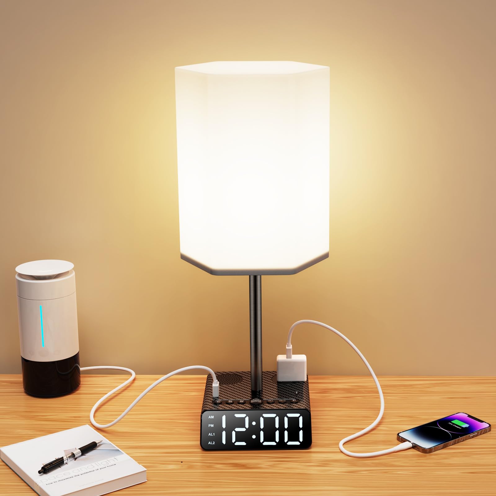 BTU Table Lamp with USB Ports and AC Power Outlets, Bedside Lamp with Alarm Clock Base and Speaker, 6Ft Extension Cord, Hexagona