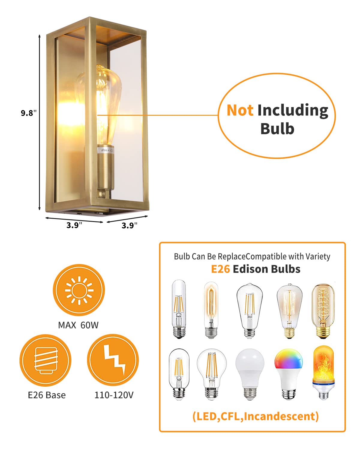 Boca Do Lobo Outdoor Wall Lights, Exterior Waterproof Wall Sconce Light Fixture, Brushed Brass Frame With Clear Glass Shade For Porch, Entryway, Front Door, E26 Base(Bulb Not Included)