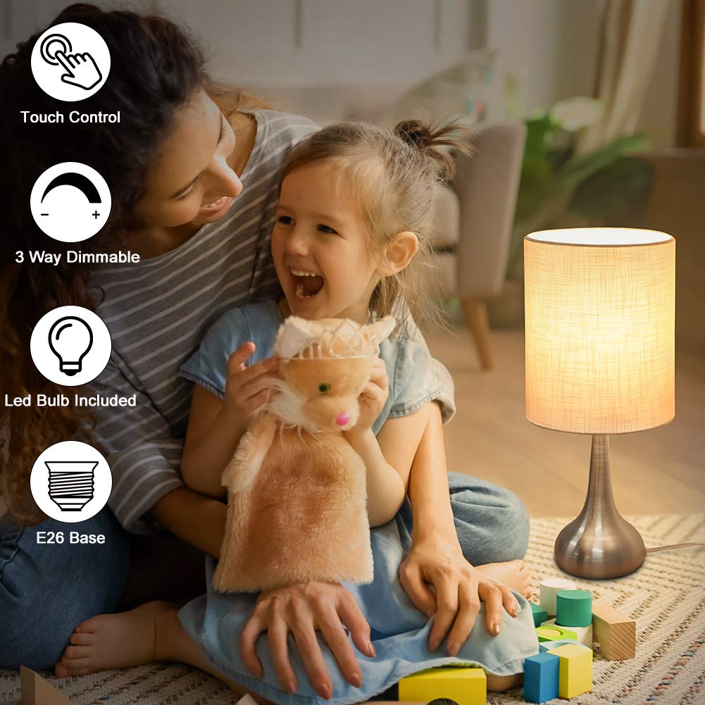 Boncoo Touch Control Table Lamp, 3-Way Dimmable, Small 1 Pack, Silver Metal Base, White Lampshade, Model TC-Touch, A19 9W Bul