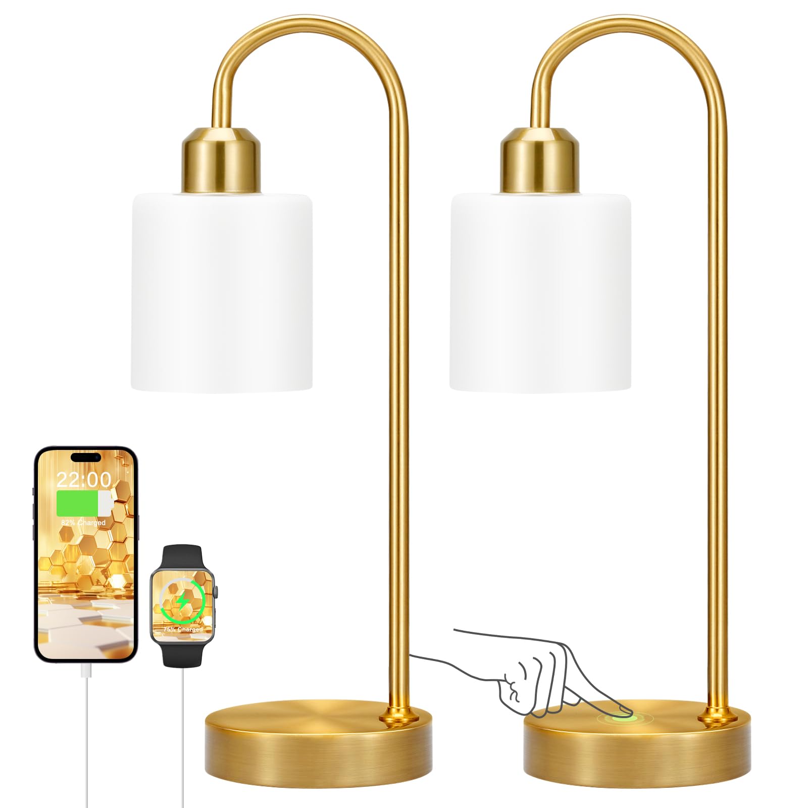 Opal Gold Desk Lamps for Home Office - 3 Way Dimmable Touch Gold Lamp with USB C+A Ports, Nightstand Lamp with Glass Shade,Bedside Table Lamps for Night Stands, Bedroom,Living Room, LED Bulb Included