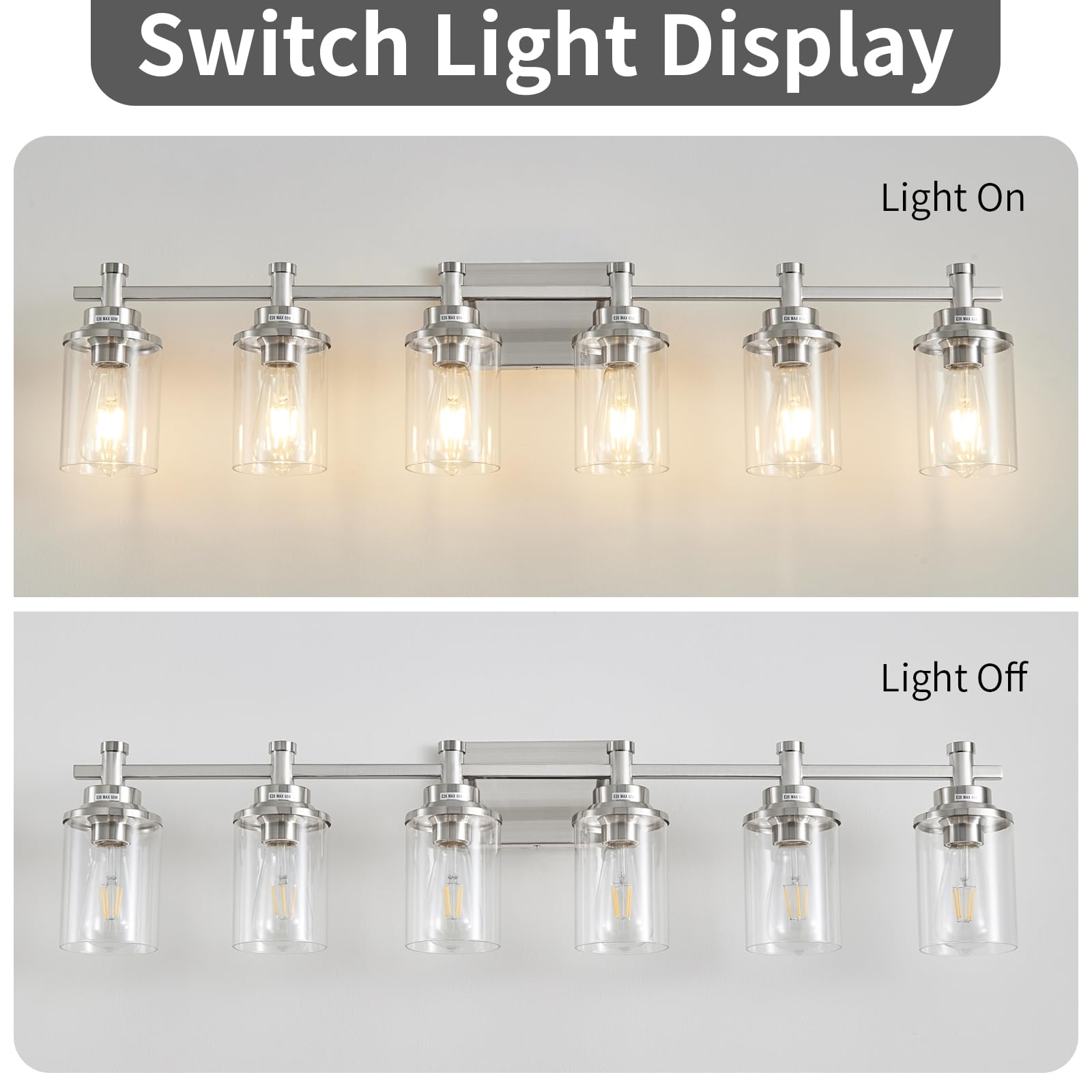 Aixialin 6-Light Bathroom Vanity Light, Brushed Nickel Bathroom Lights Fixtures Over Mirror, Vanity Lights Wall Mount With Clear