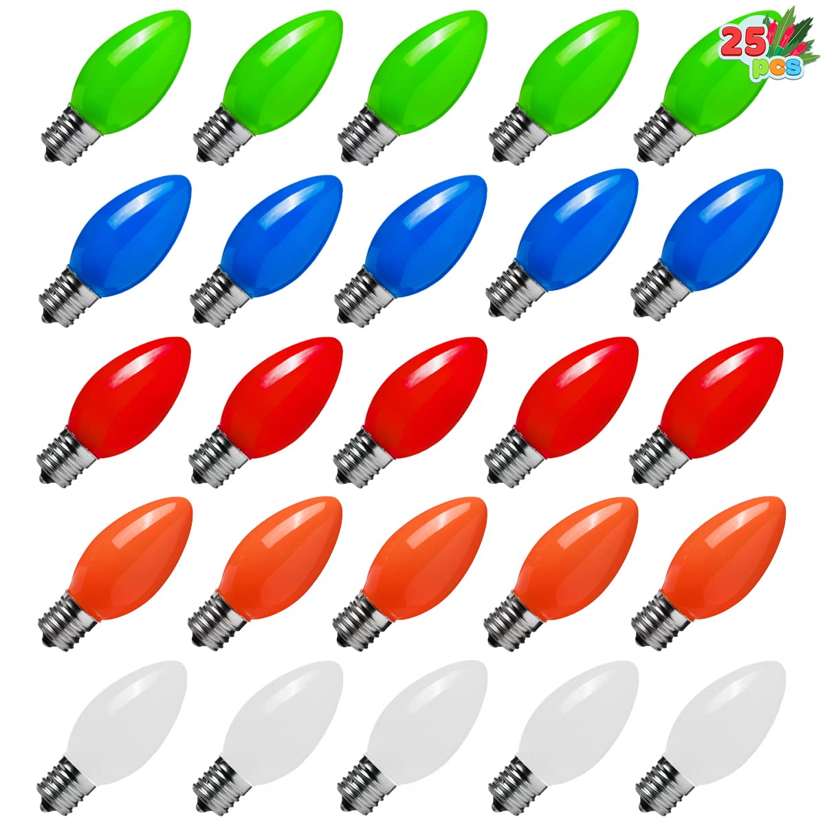 Joiedomi 25 Pack C9 Light Bulb  Replacement Multicolor Light Bulbs For Christmas String Light Outdoor  Indoor  Lawn  Tree  Panel Decor  E17 Candelabra Base  Longer Life 120V 7W