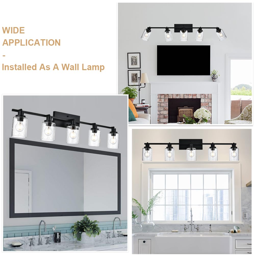 Winshen 5-Light Track Lighting Fixtures, Black Flush Mount Ceiling Light Bathroom Wall Sconce Spotlight, Seeded Glass Shade