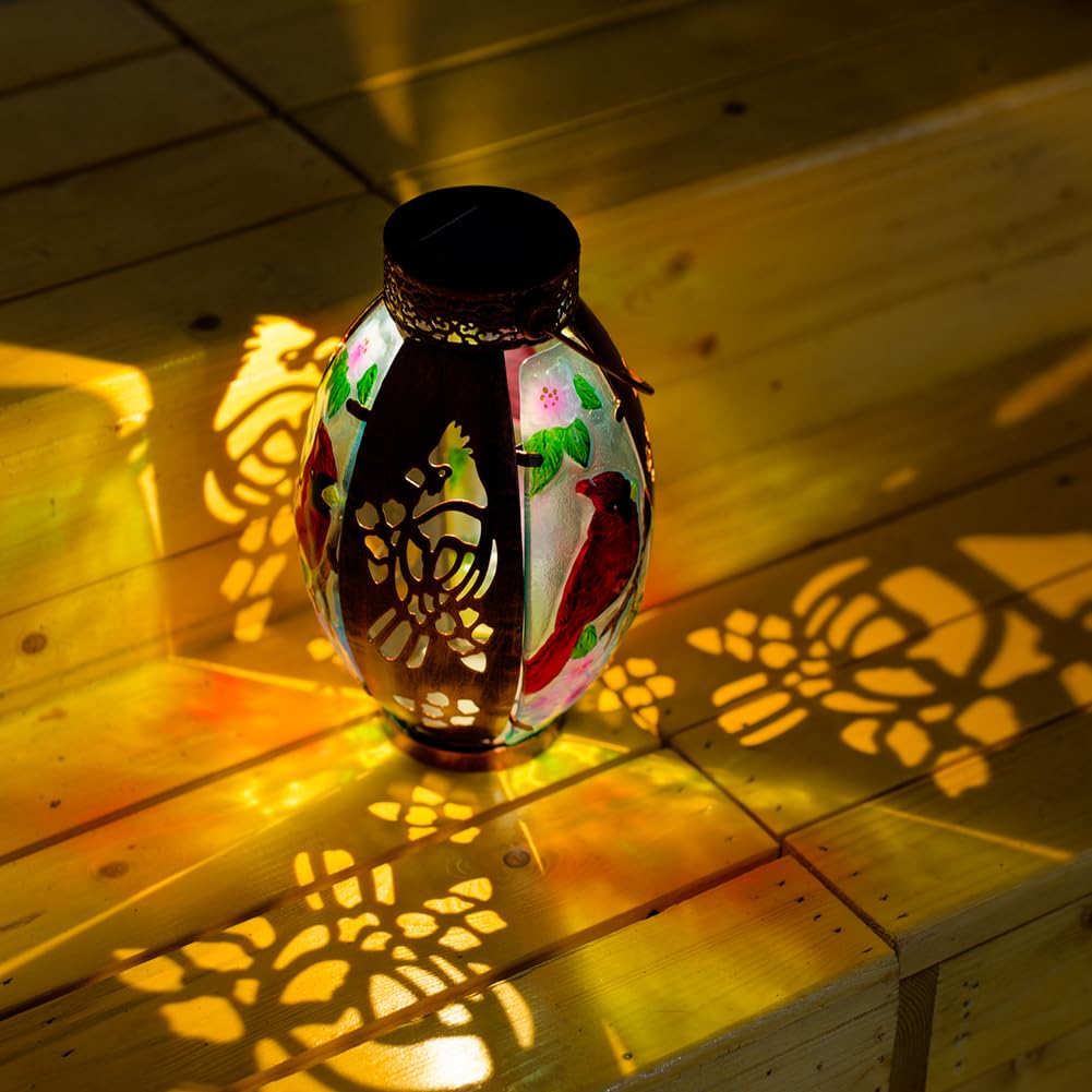 Starsoul Cardinal Outdoor Solar Lantern Metal &Stained Glass Cardinal Solar Light Waterproof Cardinal Tabletop Lamp With Hollowed-Out Design For Yard Patio Garden Pathway