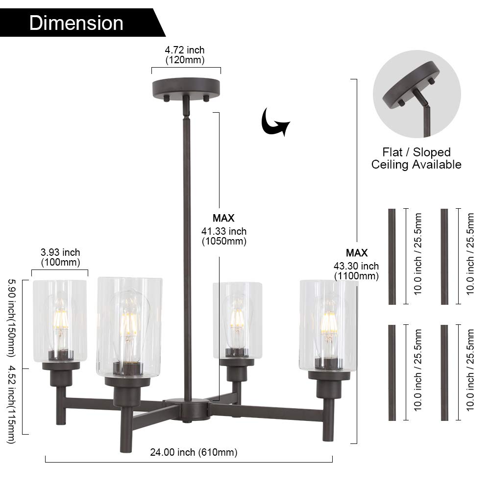 VINLUZ 4 Light Pendant Chandelier Modern Metal Lighting Oil Rubbed Bronze Industrial Ceiling Lighting Fixture for Dining Room Ki