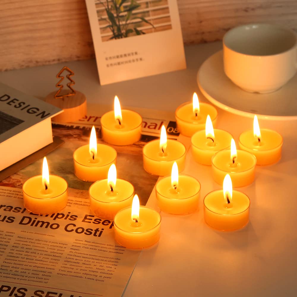 LJQizn Beeswax Tealight Candles, 24pcs Unscented, Handmade, Yellow, Perfect for Parties, Weddings, Home Decor