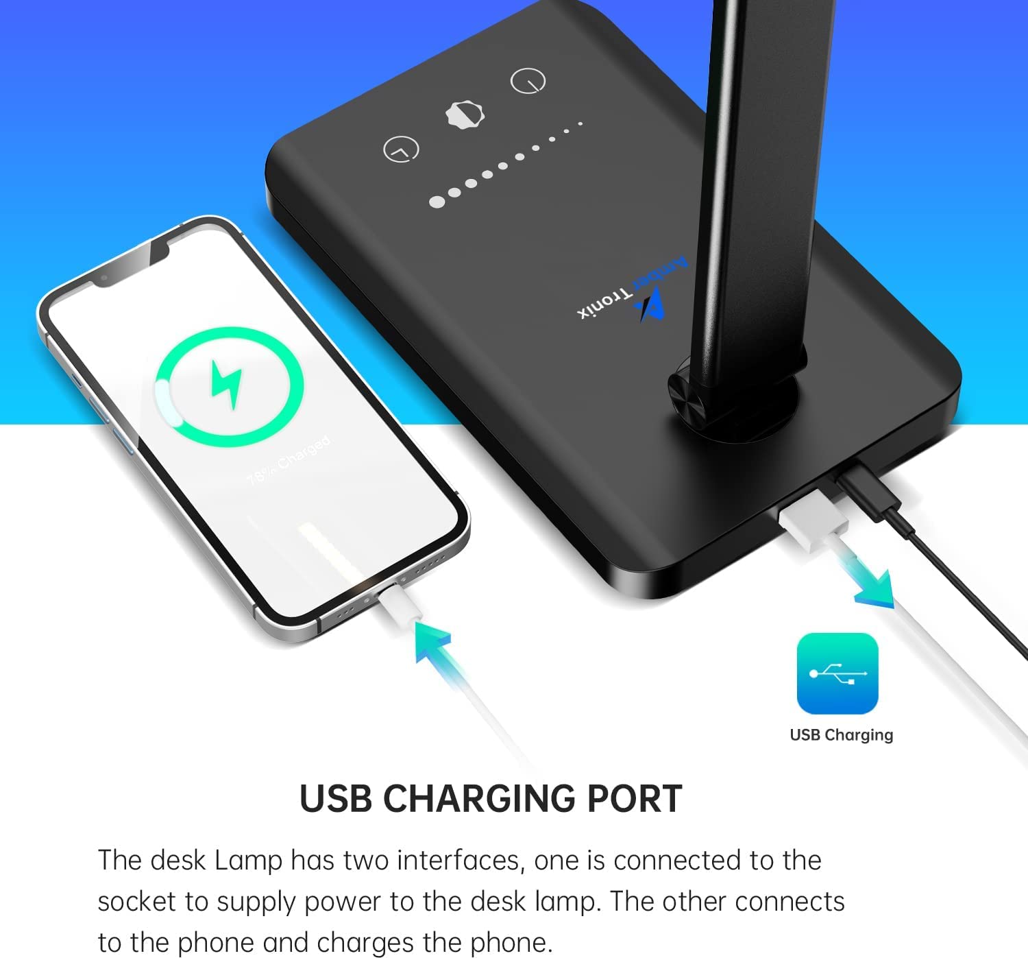 Ambertronix LED Desk Lamp with USB Charging Port, Dimmable, Touch Control, 5 Brightness Levels, Black, Model AT-286-B