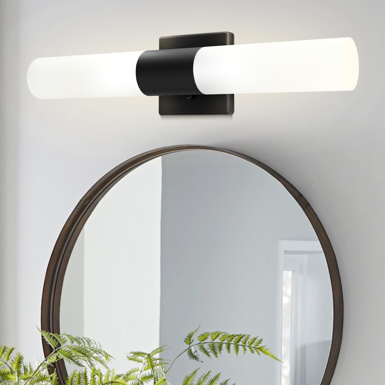 Kalium Bathroom Wall Sconces Set of Two, 21 Inch Modern Vanity Lights, Frosted Glass Shade, Black, Model WL052A-MK