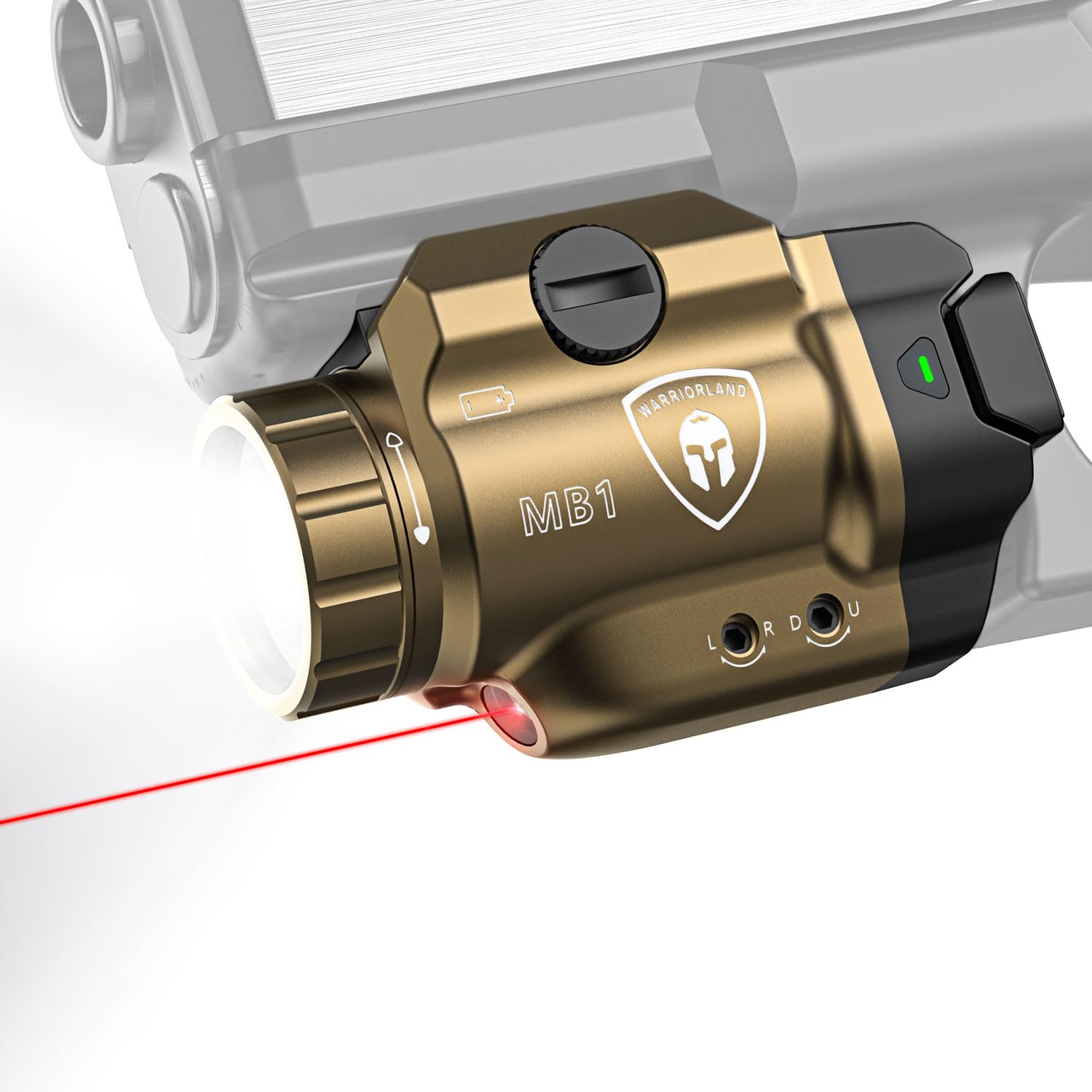 WARRIORLAND Compact 500-Lumen FDE MB1 Handheld Toy Light  Fits Glock 17/19 /19X  P320/ Hellcat Pro/Echelon  G2C/G3C  M&P9 etc. 100+ Models  Red Laser White LED Combo  Tactical Light with Battery Indicator