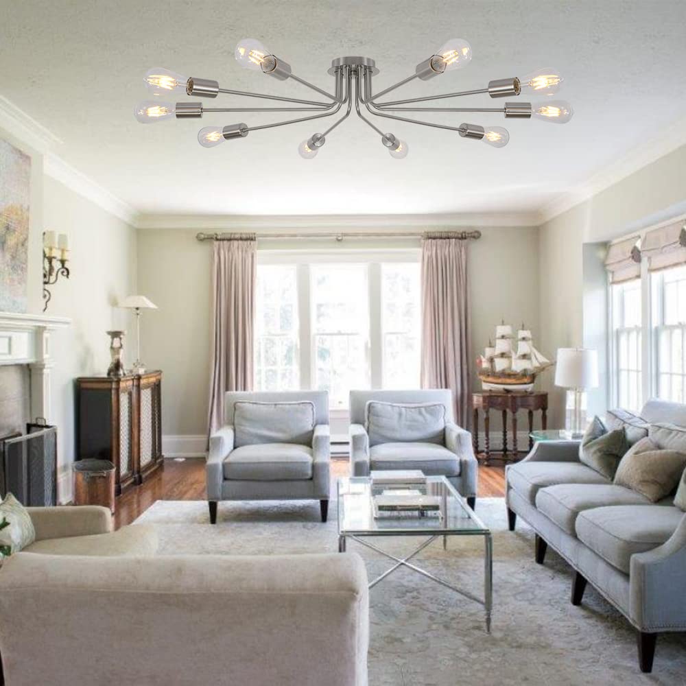 Tuluce 10 Light Sputnik Chandelier Brushed Nickel Ceiling Light Semi Flush Mount Light Ceiling Lamp For Kitchen Dining Room Livi