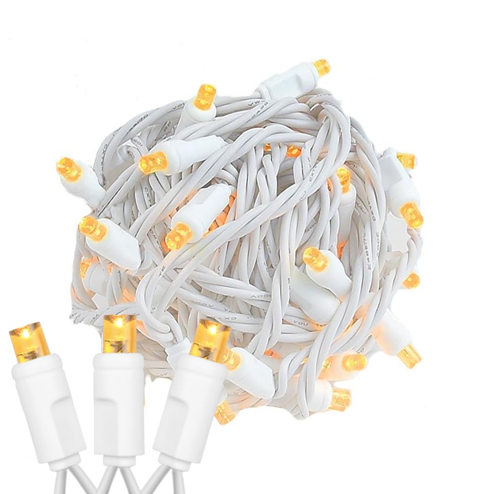 Novelty Lights 25 Feet 50 Light Amber Led Christmas Lights White Wire, Connectable Mini String, Indoor/Outdoor, Commercial Grade