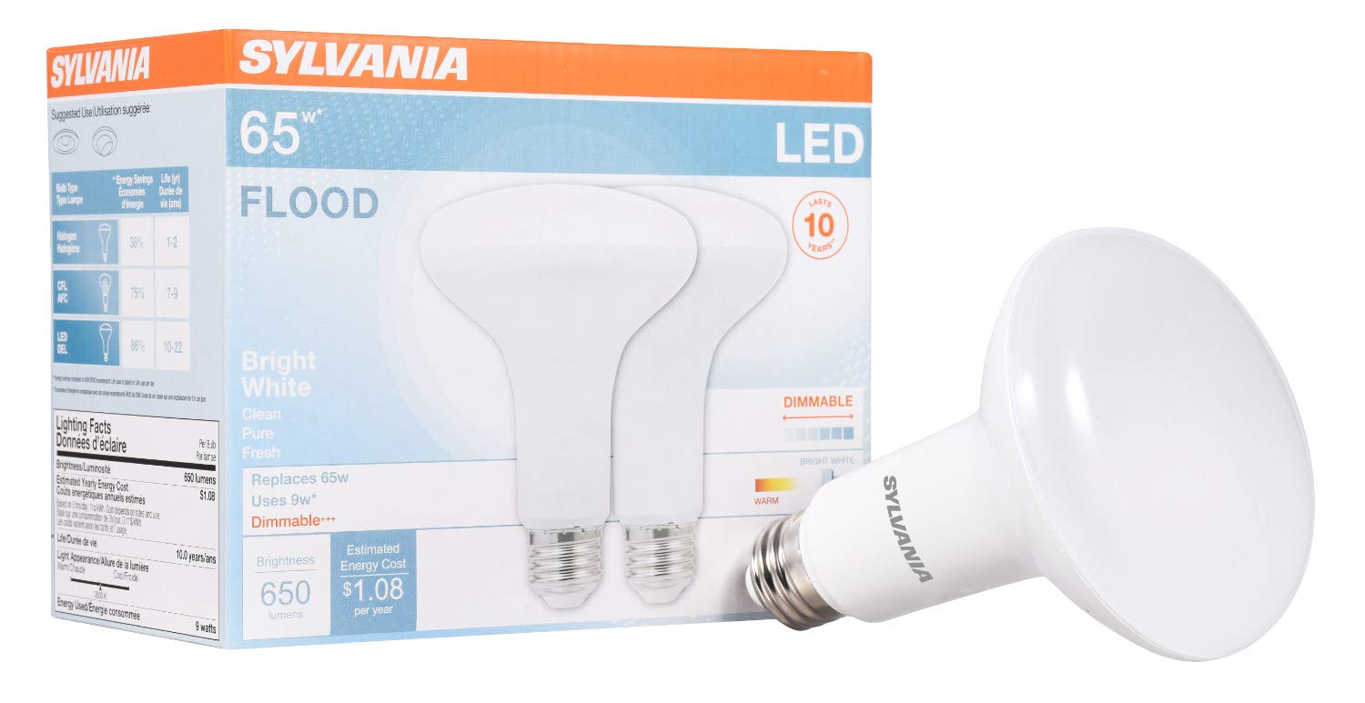 LEDVANCE SYLVANIA BR30 LED Flood Light Bulb, 9W, Dimmable, 650 Lumens, 3500K Bright White, 2 Pack, Model 780