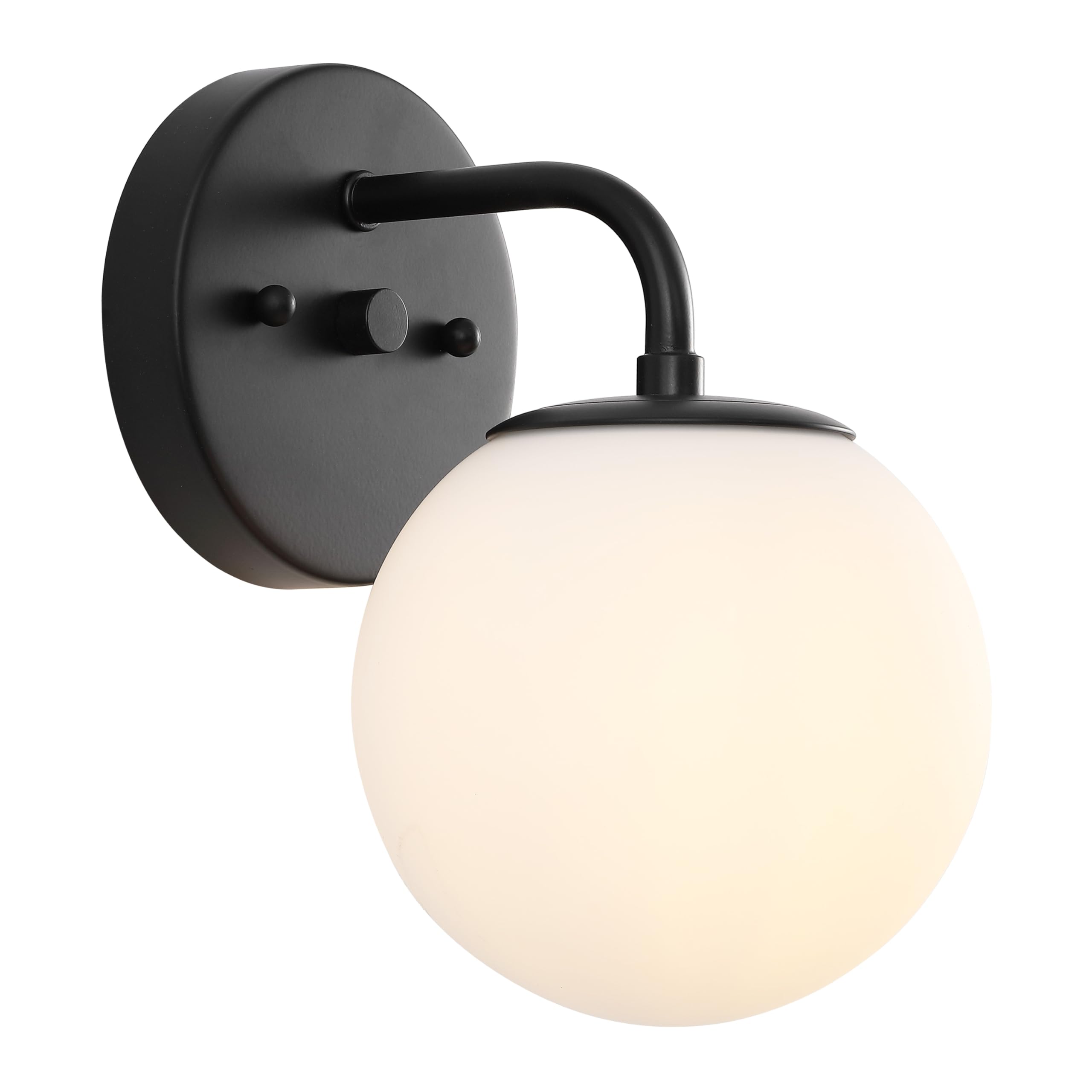 JONATHAN Y 5.75 Black 1-Light Modern Globe Wall Sconce Vanity Light for Bathroom, White Frosted Glass Shade, Midcentury Parisian