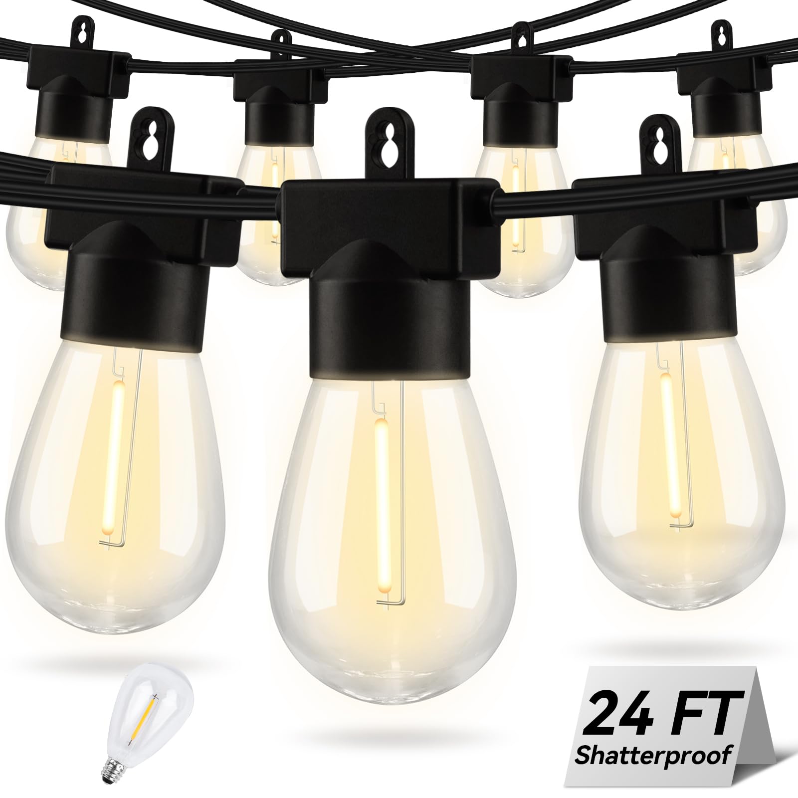 Aialun 24FT LED Outdoor String Lights, Outside Patio Backyard Light with 2700K Shatterproof Edison Bulbs, Heavy-Duty Commercial 