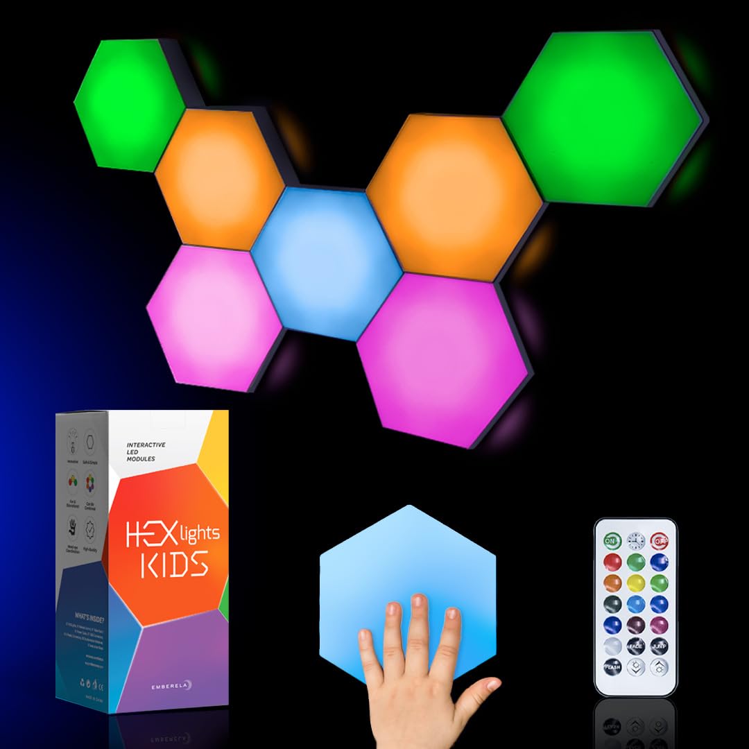 Emberela Hexlights Sensory Lights For Kids - 7Pk Touch Hexagon Lights, Remote Controlled Light Tiles - Autism-Friendly Tap Tap Wall Lights For Sensory Room - Table Stand Included