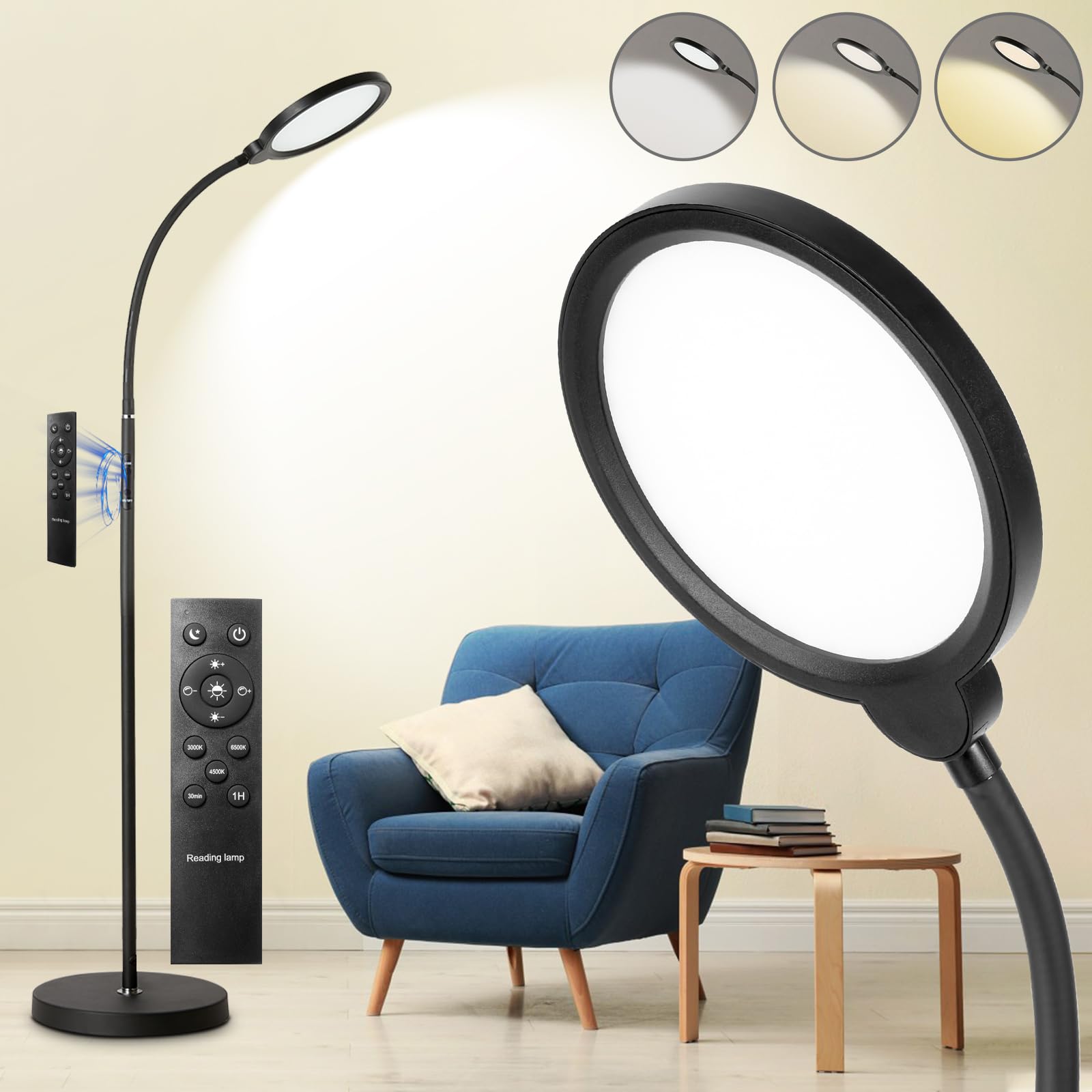 homakee LED Floor Lamp, Adjustable Gooseneck, 3 Color Temperatures, Iron, Black, Model HMK-B1-B