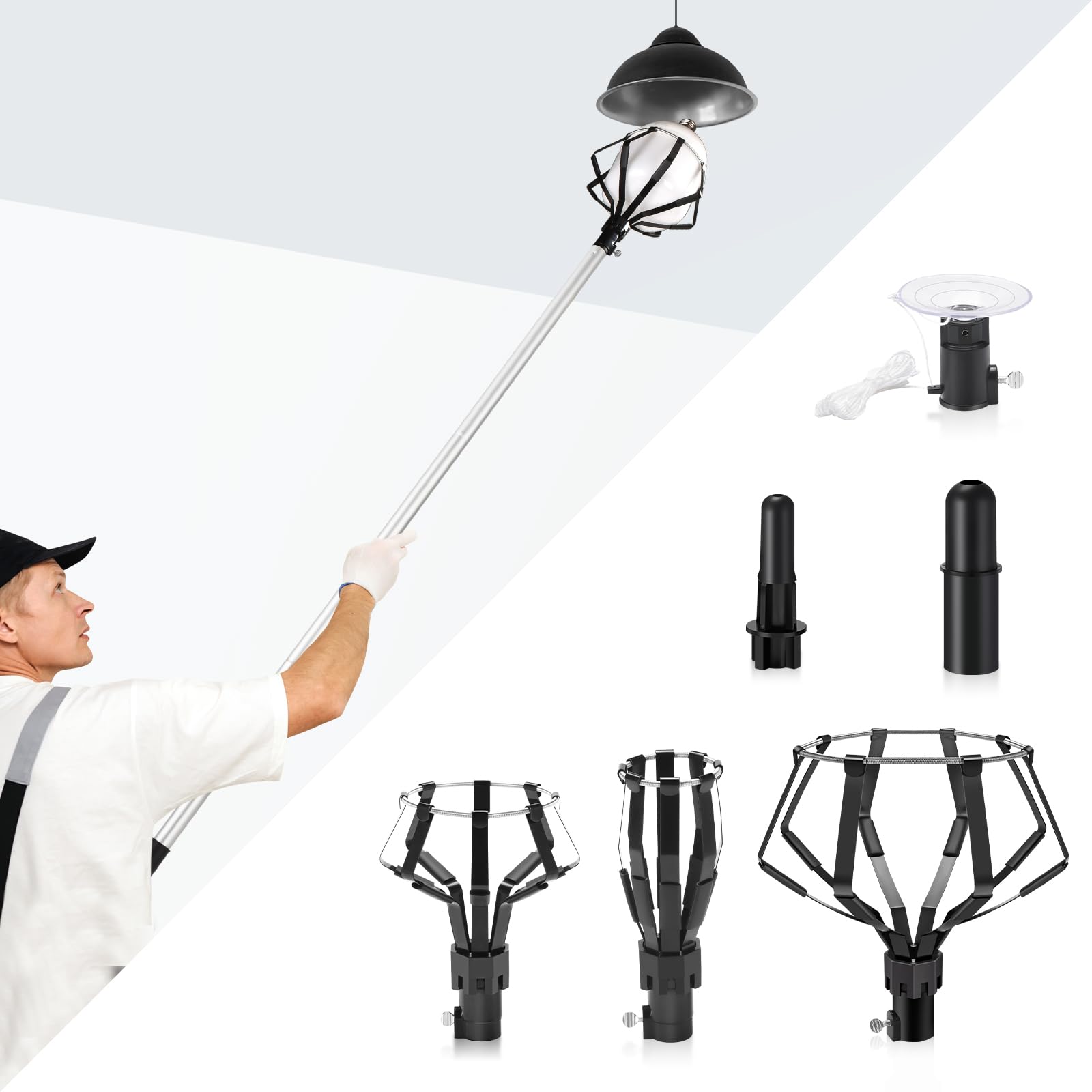 Gadfish 12Ft Light Bulb Changer For High Ceilings, 5-Piece Light Bulb Changer With Broken Bulb Extractor, Baskets And Suction Cu