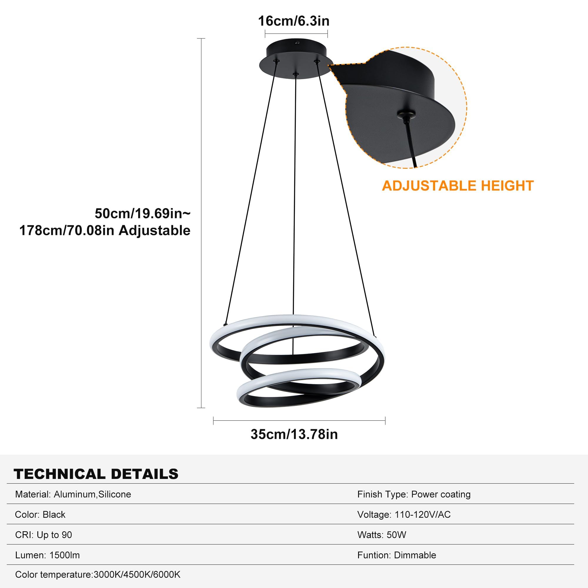 Mayful Modern Chandelier With Remote Control  3-Color Dimmable Led Pendant Light Fixtures  Height Adjustable Kitchen Island Lighting For Dining Room Bedroom Living Room Foyer Office Black 13.78 Inches