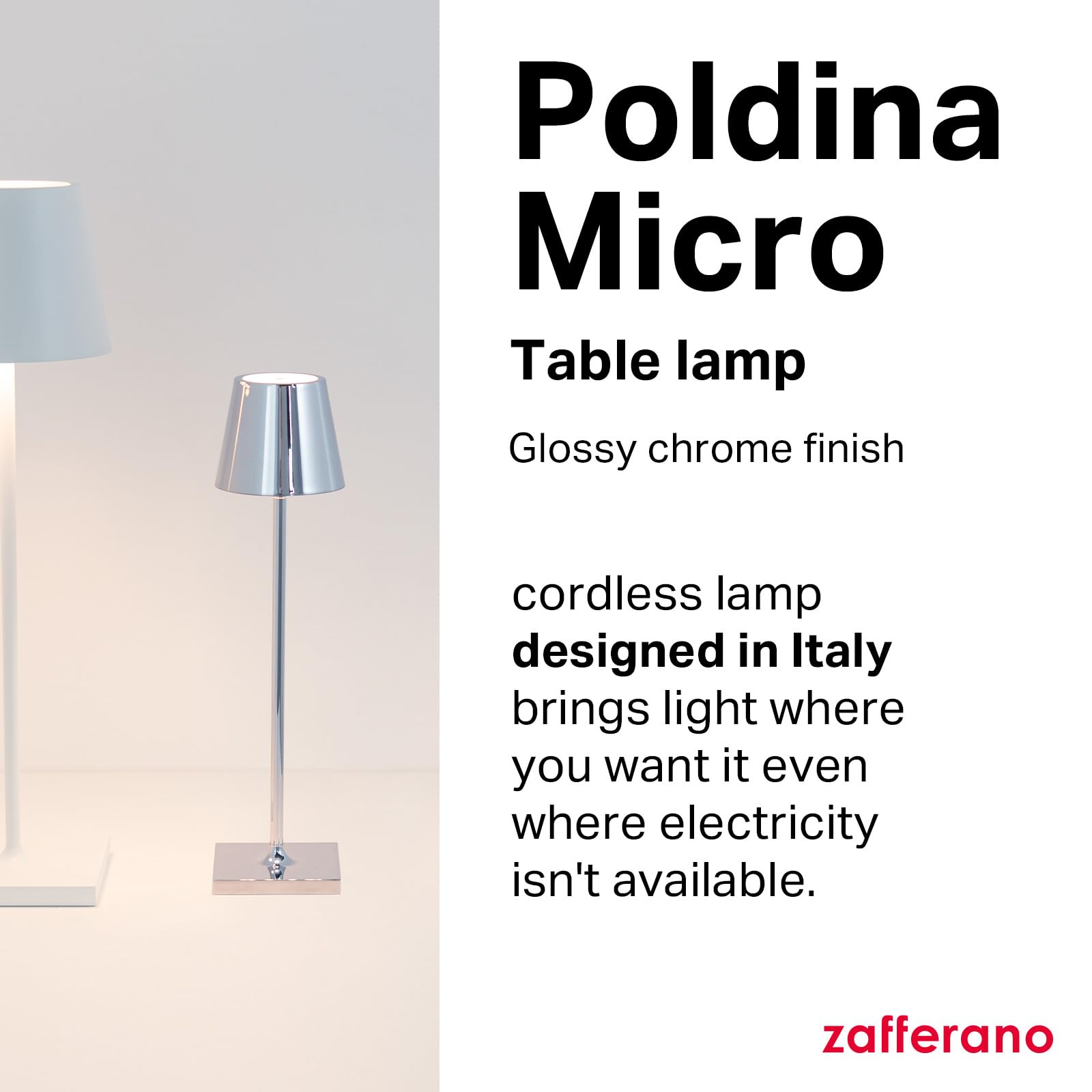 Zafferano, Poldina Micro Lamp With Glossy Chrome Finish, Rechargeable Cordless Table Lamp With Touch Controls, Usable As An Indo