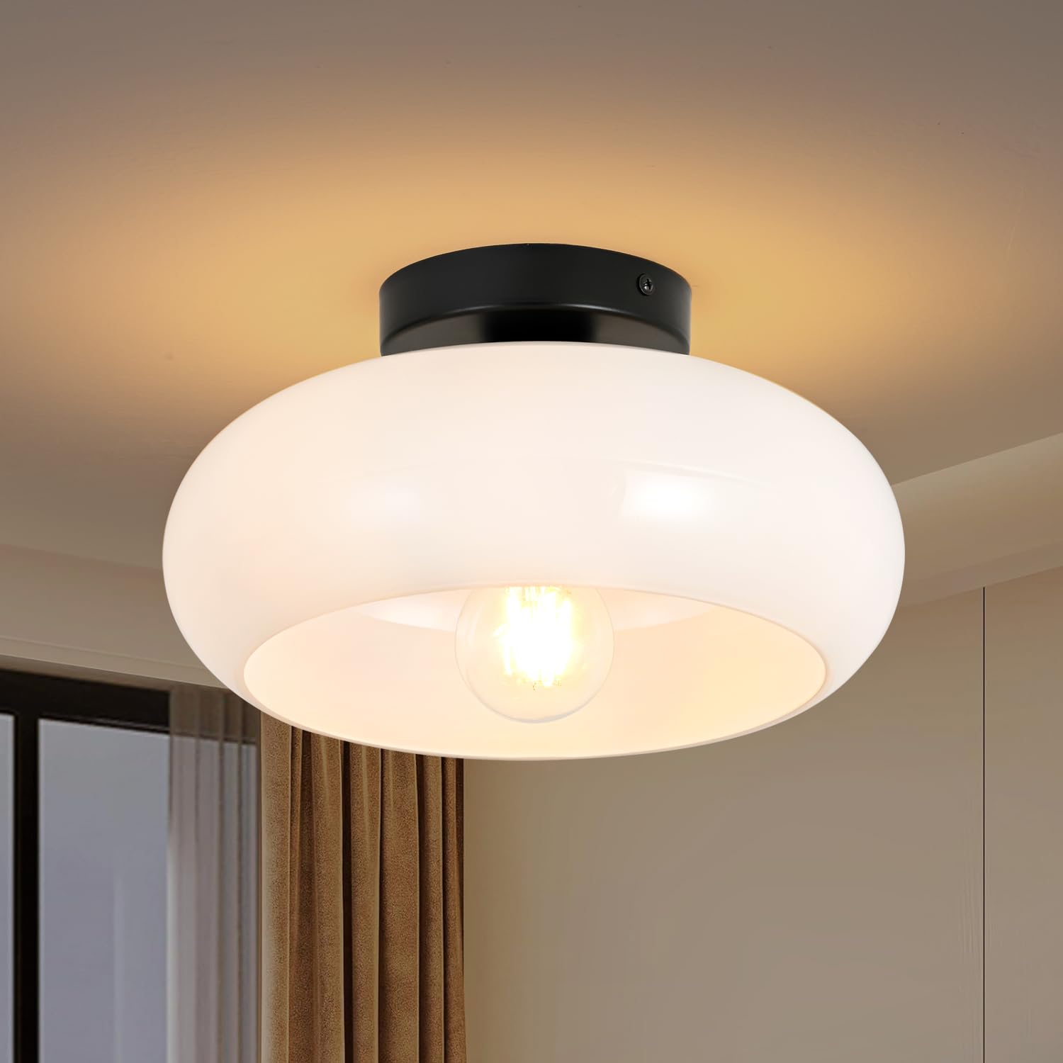 Woknos Mid-Century Modern Semi Flush Mount Ceiling Light, Metal Kitchen Light Fixture With Glass Shade,Vintage White And Black Colse To Ceiling Lamp For Entryway Hallway Bathroom (11.0 Inch)