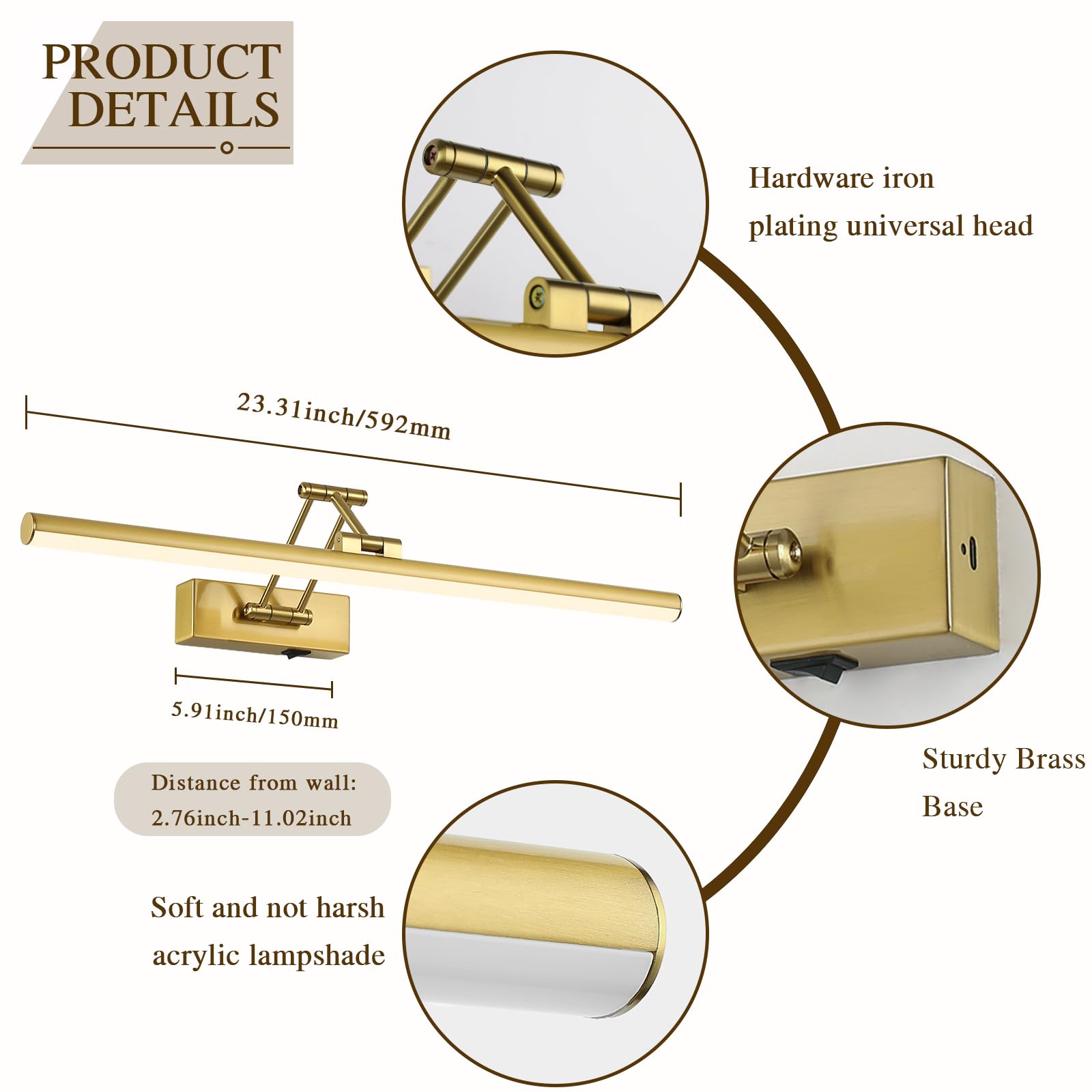 Joossnwell Battery Operated Picture Light - 23.62 Inch Wireless Art Lighting, Brass - Remote Dimmable for Paintings and Gallery Use
