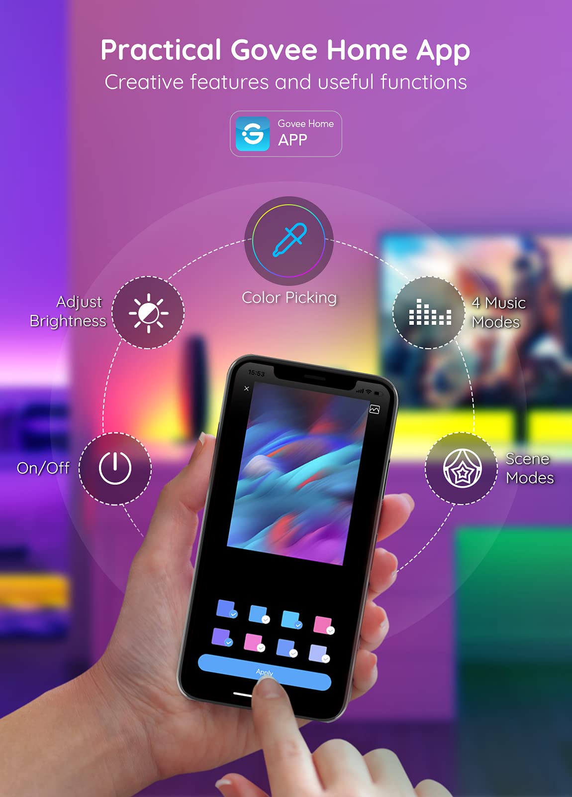 Govee TV LED Backlight with APP Control, Music Sync, Scene Modes, 6.56FT with RGBIC Color Changing for 30-50 inch TVs, USB Power