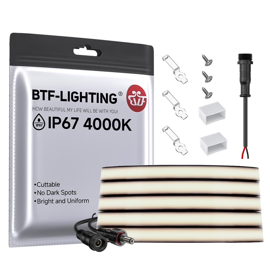 BTF-LIGHTING FCOB COB LED Strip IP67 Waterproof Flexible High Density Uniform Diffused Neon Light 16.4FT DC24V Natural White 400