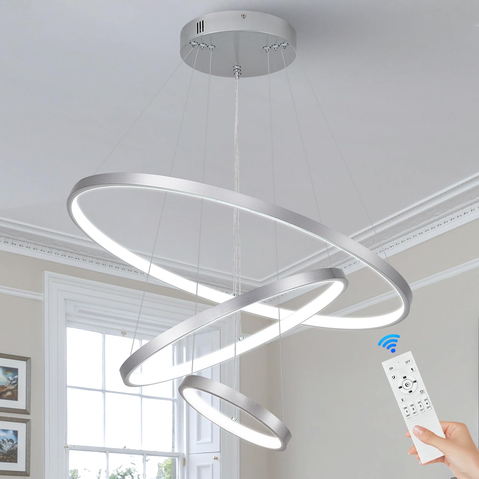 Sparklelf LED Chandelier, Silver, 3 Rings 23.6inch, Dimmable, Remote Control, Model SE-P16-3SDC1
