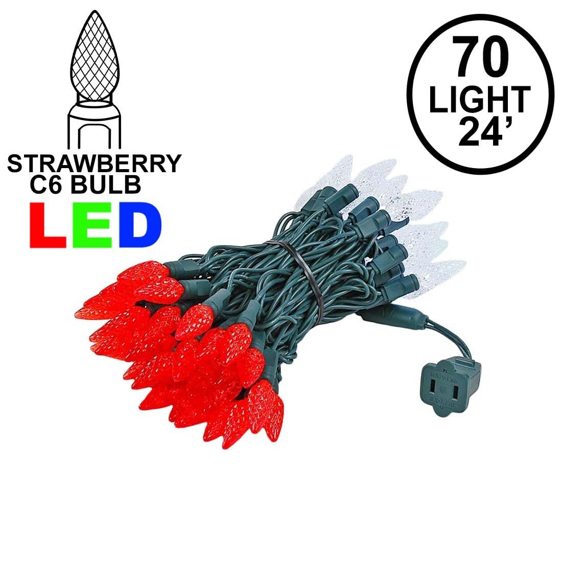 Novelty Lights C6 LED Christmas Mini Light Set, 70 Lights, 24ft, Red/Pure White, Commercial Grade, Green Wire