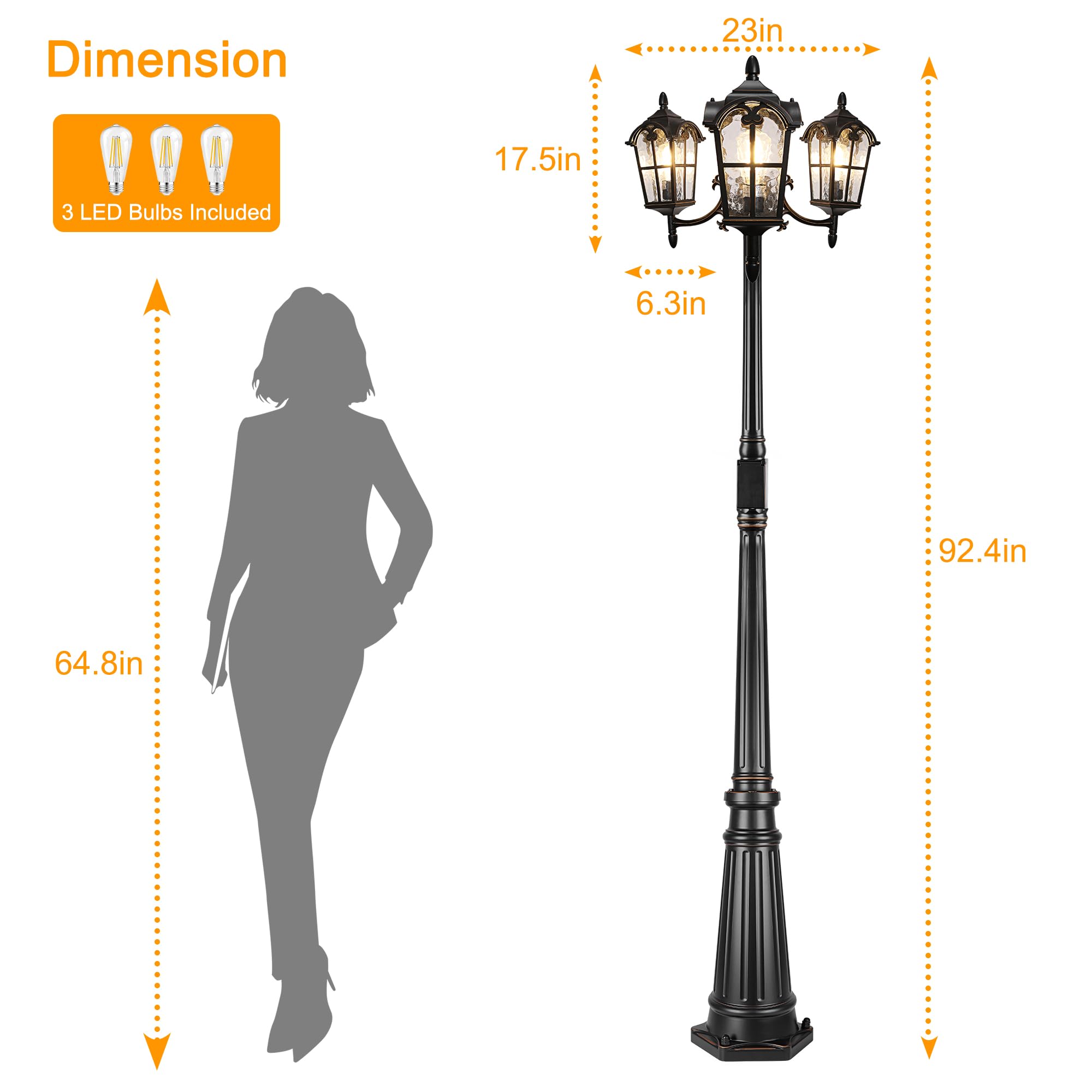 PARTPHONER Black Aluminum Outdoor Lamp Post with GFCI Outlet, Triple Head, Waterproof for Garden, Model PAPO078AB1